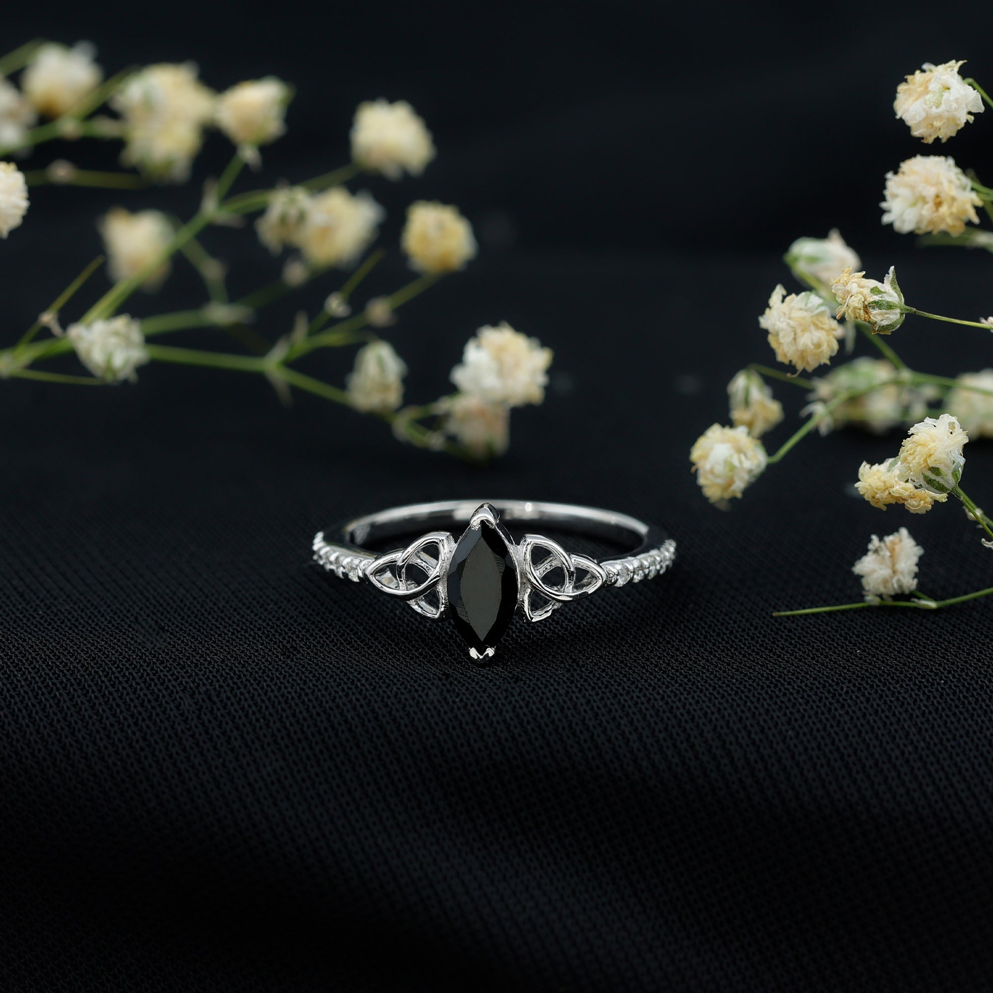 0.8 Carat Lab Grown Black and White Diamond Marquise Engagement Ring with Celtic Knot AAAA ( Synthetic ) - Rosec Jewels