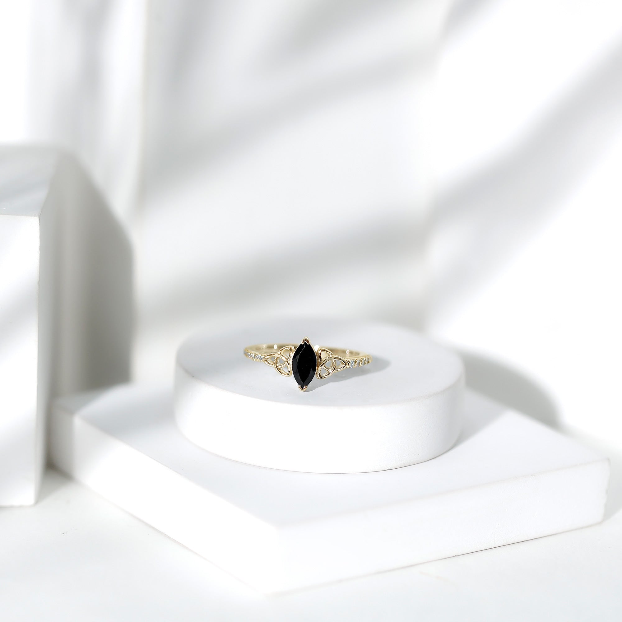 0.8 Carat Lab Grown Black and White Diamond Marquise Engagement Ring with Celtic Knot AAAA ( Synthetic ) - Rosec Jewels