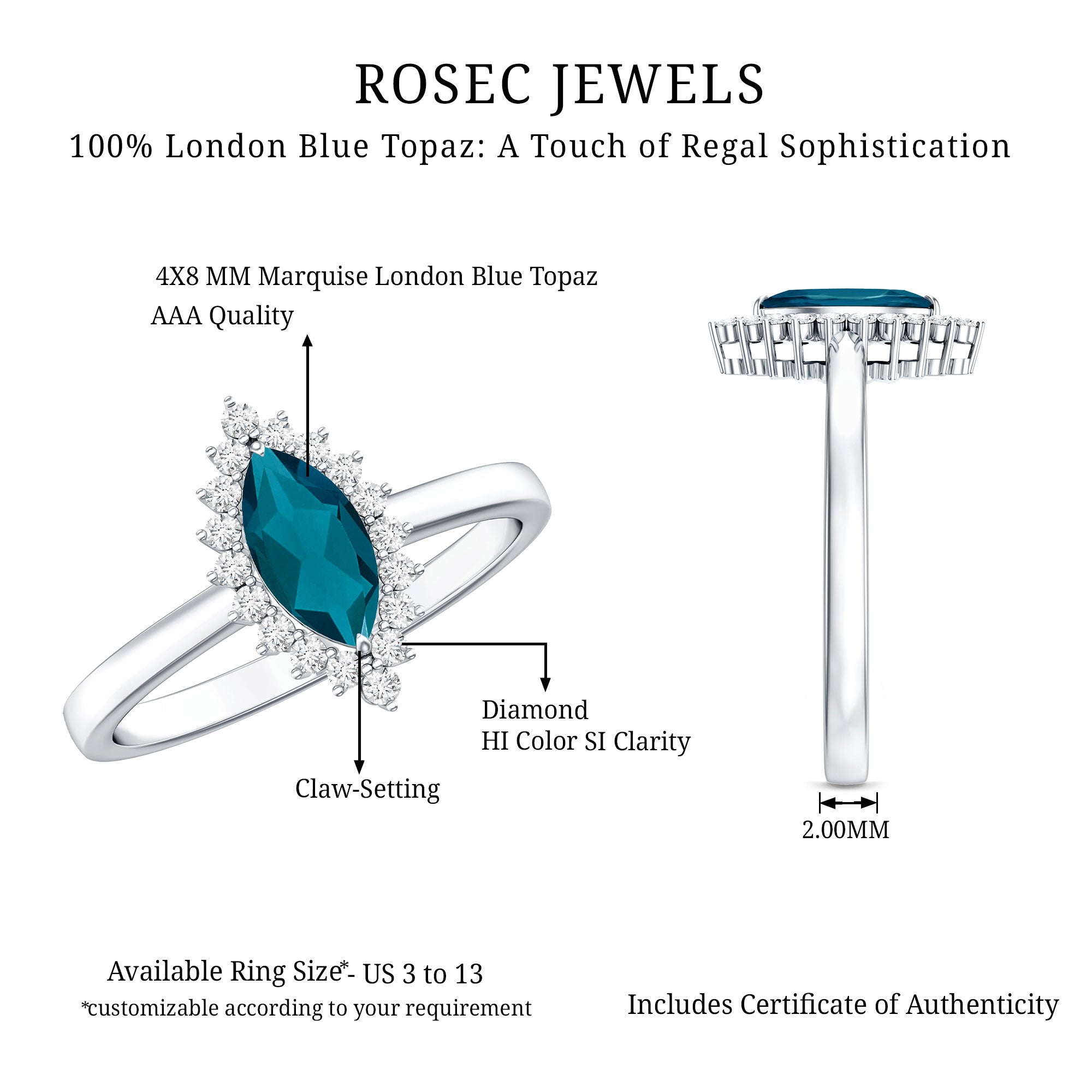 Elongated Marquise Blue Topaz Engagement Ring with Diamond Halo AAA - Rosec Jewels