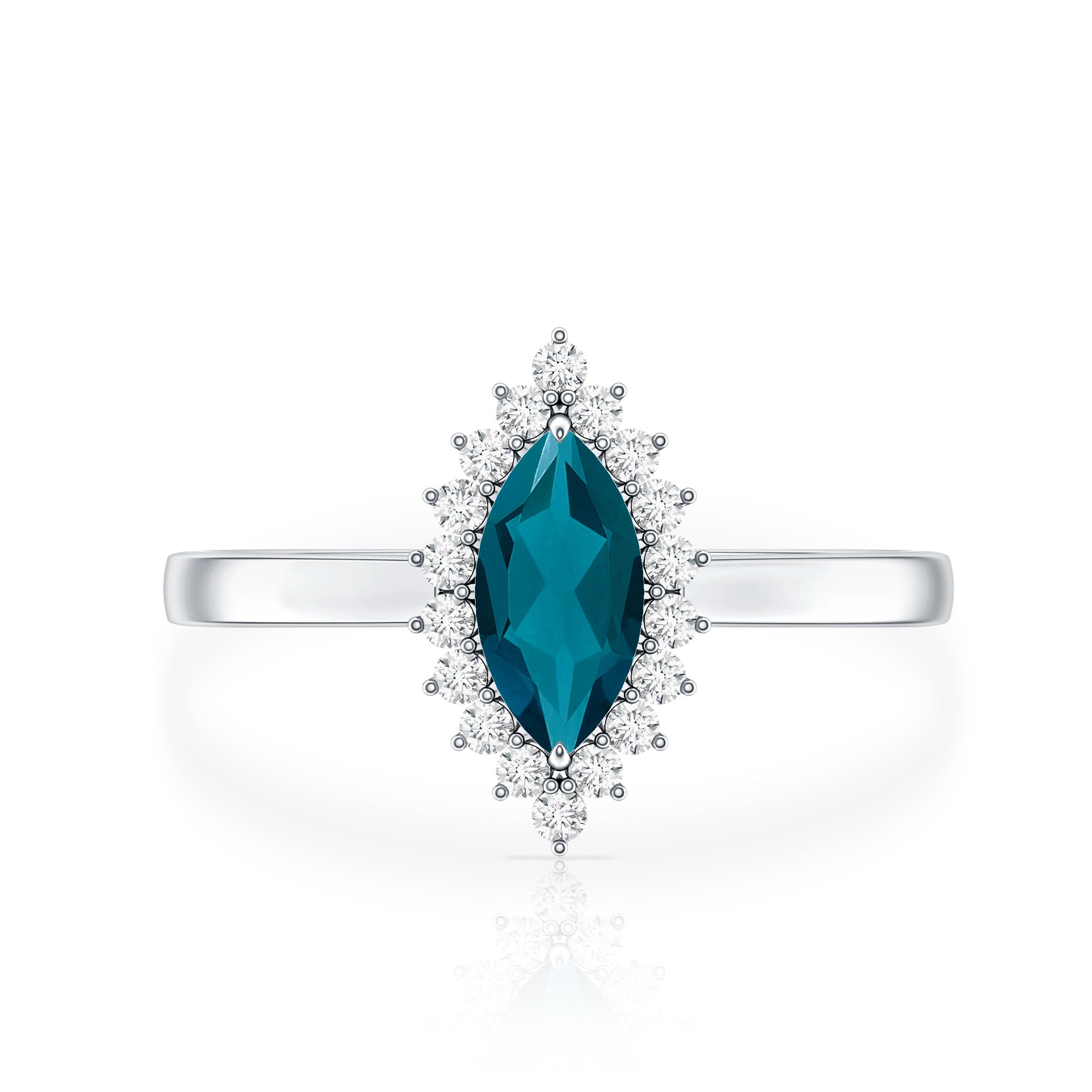 Elongated Marquise Blue Topaz Engagement Ring with Diamond Halo AAA - Rosec Jewels
