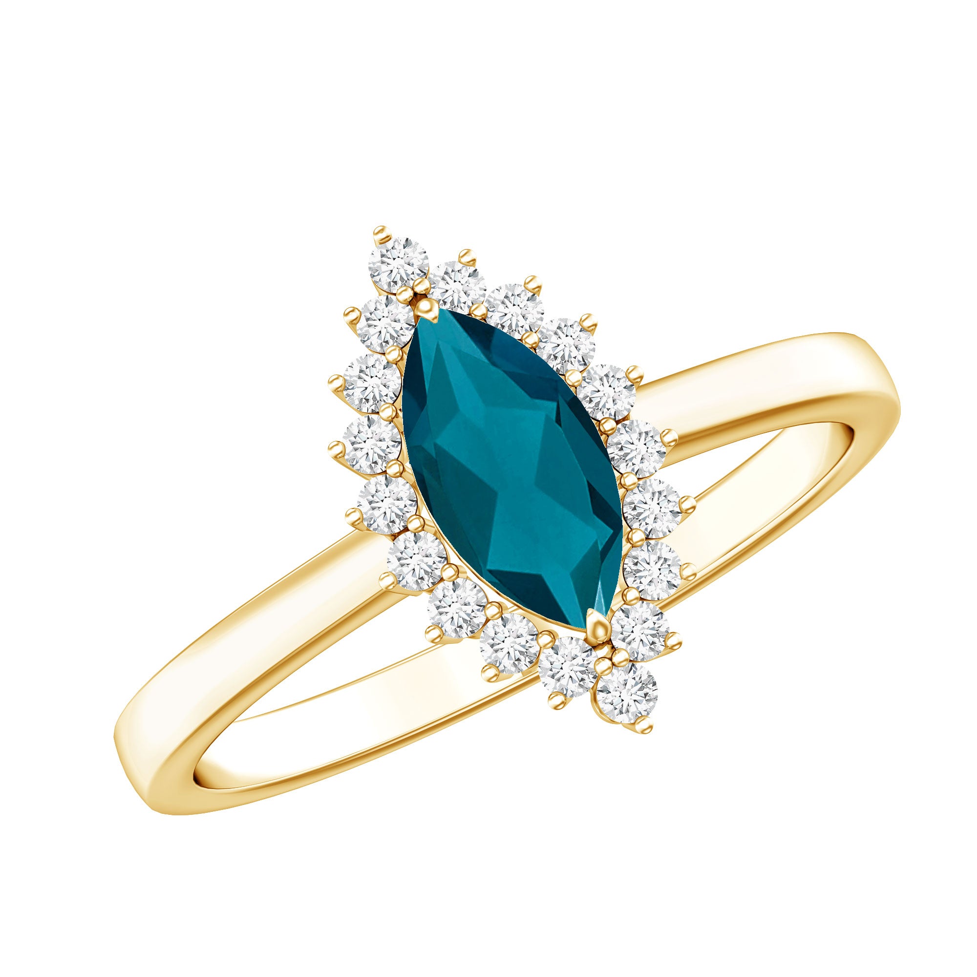 Elongated Marquise Blue Topaz Engagement Ring with Diamond Halo AAA - Rosec Jewels