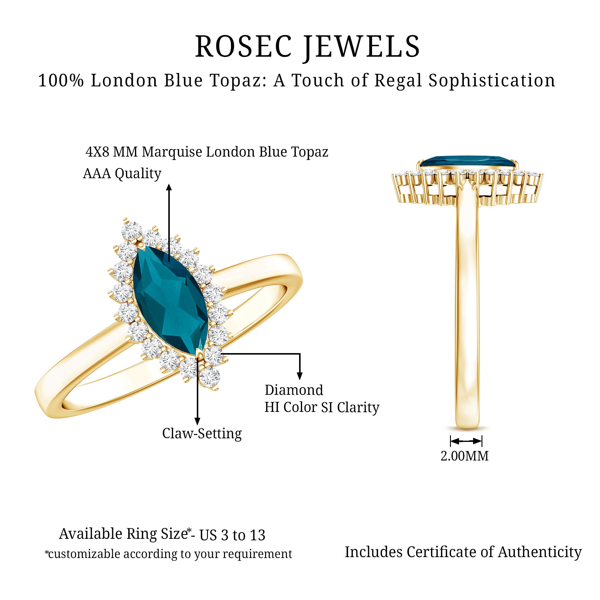 Elongated Marquise Blue Topaz Engagement Ring with Diamond Halo AAA - Rosec Jewels