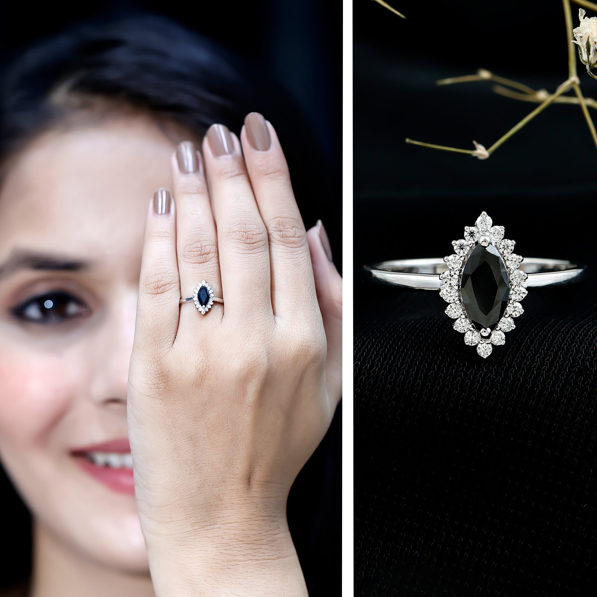 Certified 0.8 Carat Lab Grown Black Diamond Marquise Engagement Ring with Halo AAAA ( Synthetic ) - Rosec Jewels