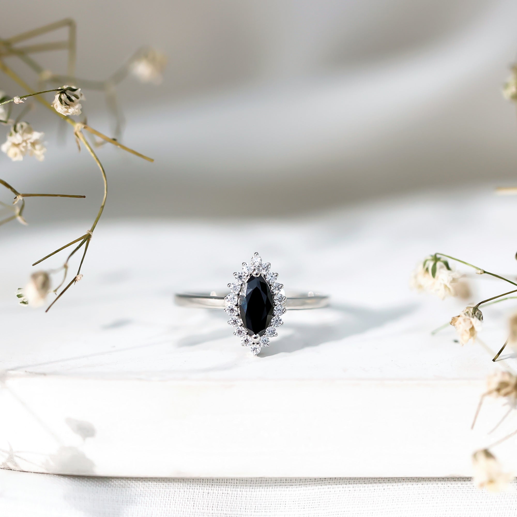 Certified 0.8 Carat Lab Grown Black Diamond Marquise Engagement Ring with Halo AAAA ( Synthetic ) - Rosec Jewels