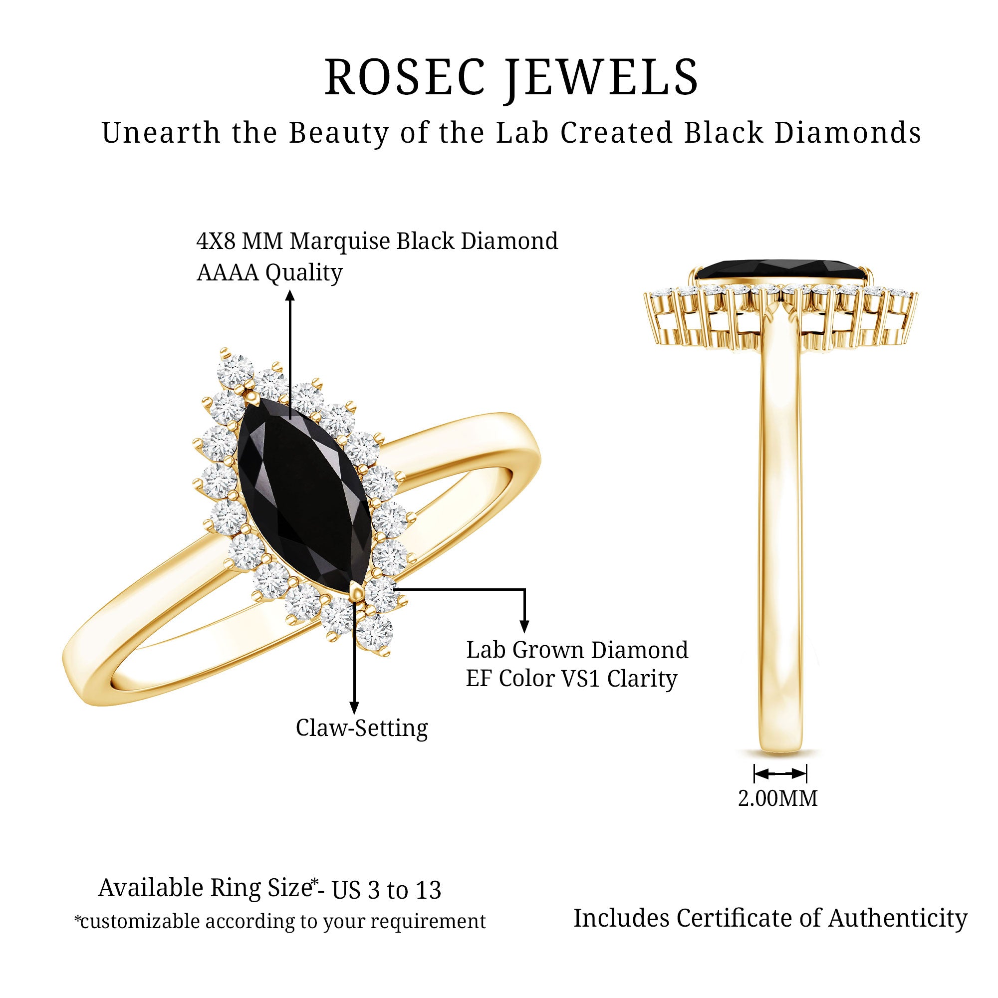 Certified 0.8 Carat Lab Grown Black Diamond Marquise Engagement Ring with Halo AAAA ( Synthetic ) - Rosec Jewels