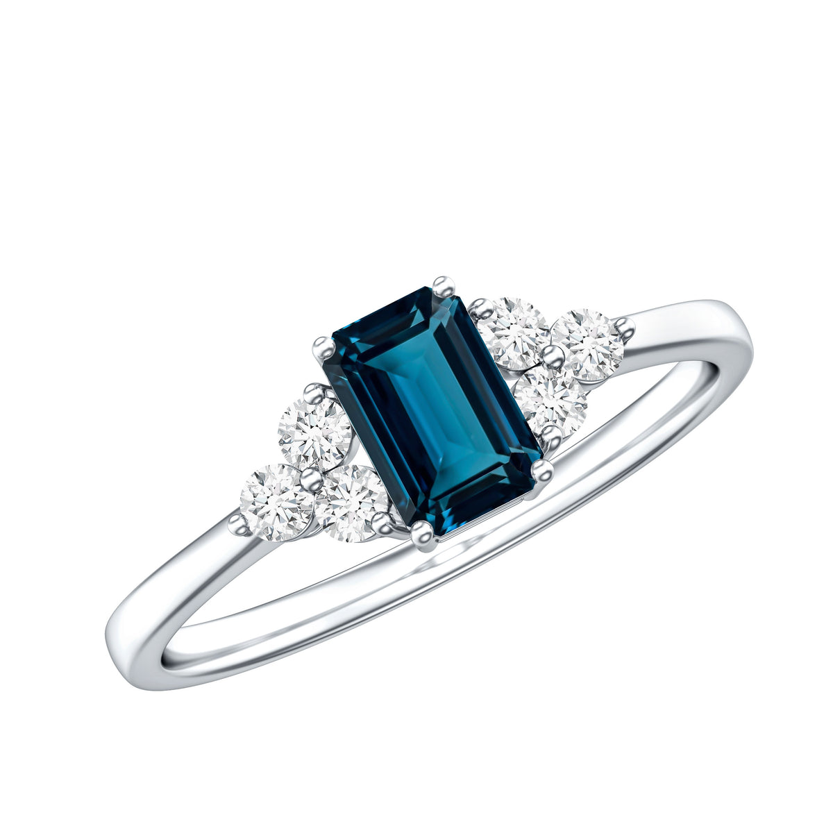 Emerald Cut London Blue Topaz Engagement Ring with Diamond Trio AAA - Rosec Jewels