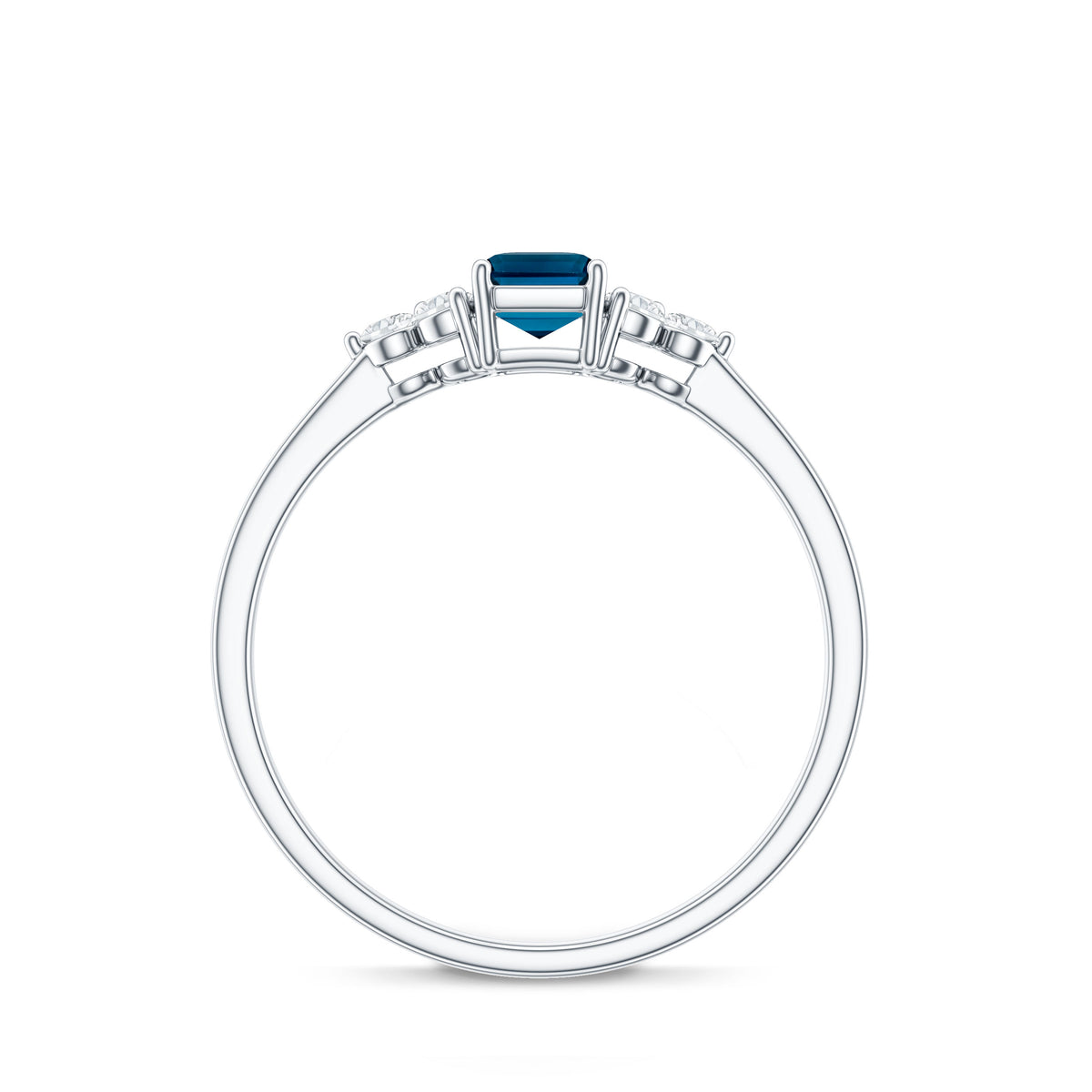 Emerald Cut London Blue Topaz Engagement Ring with Diamond Trio AAA - Rosec Jewels