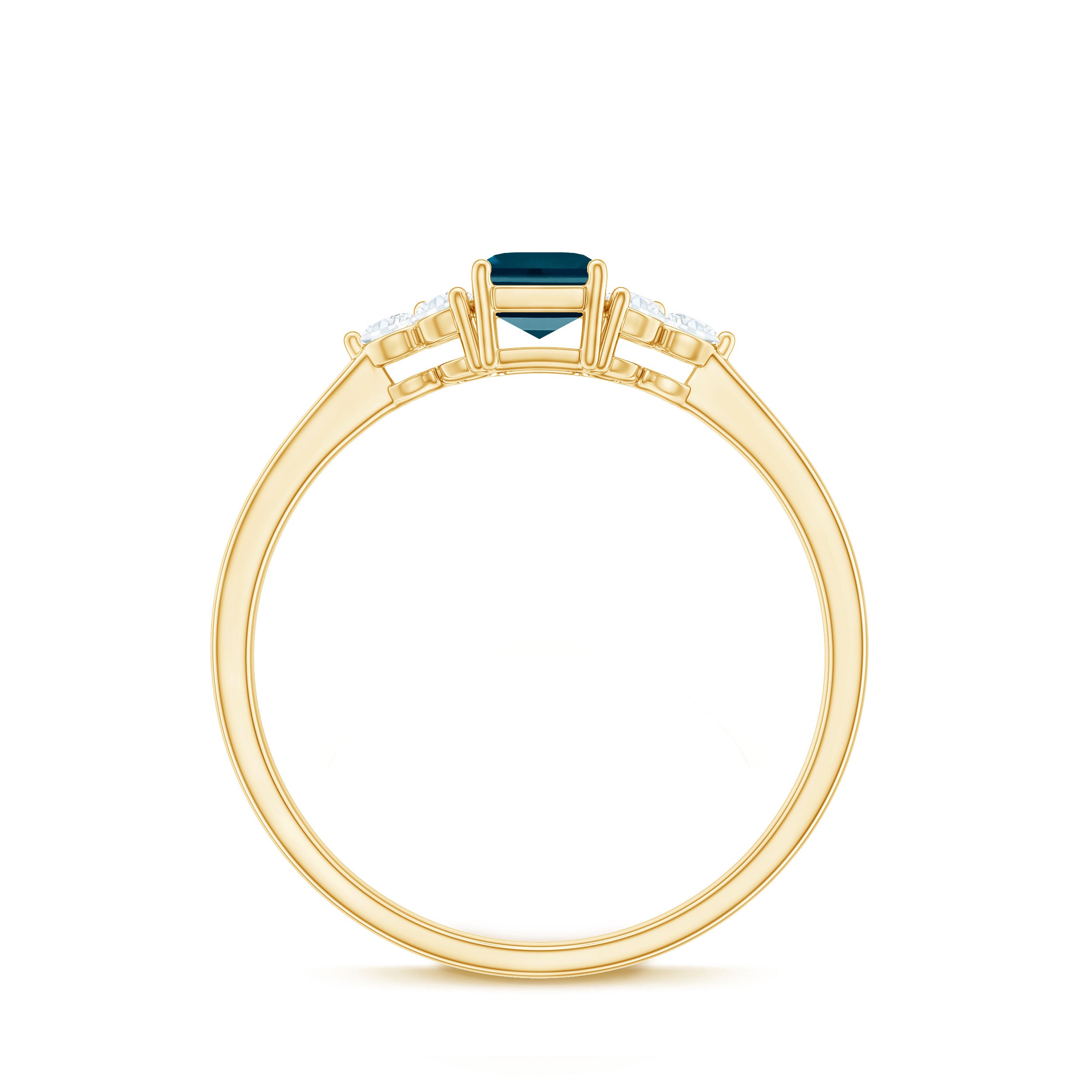 Rosec Jewels-Emerald Cut London Blue Topaz Engagement Ring with Diamond Trio
