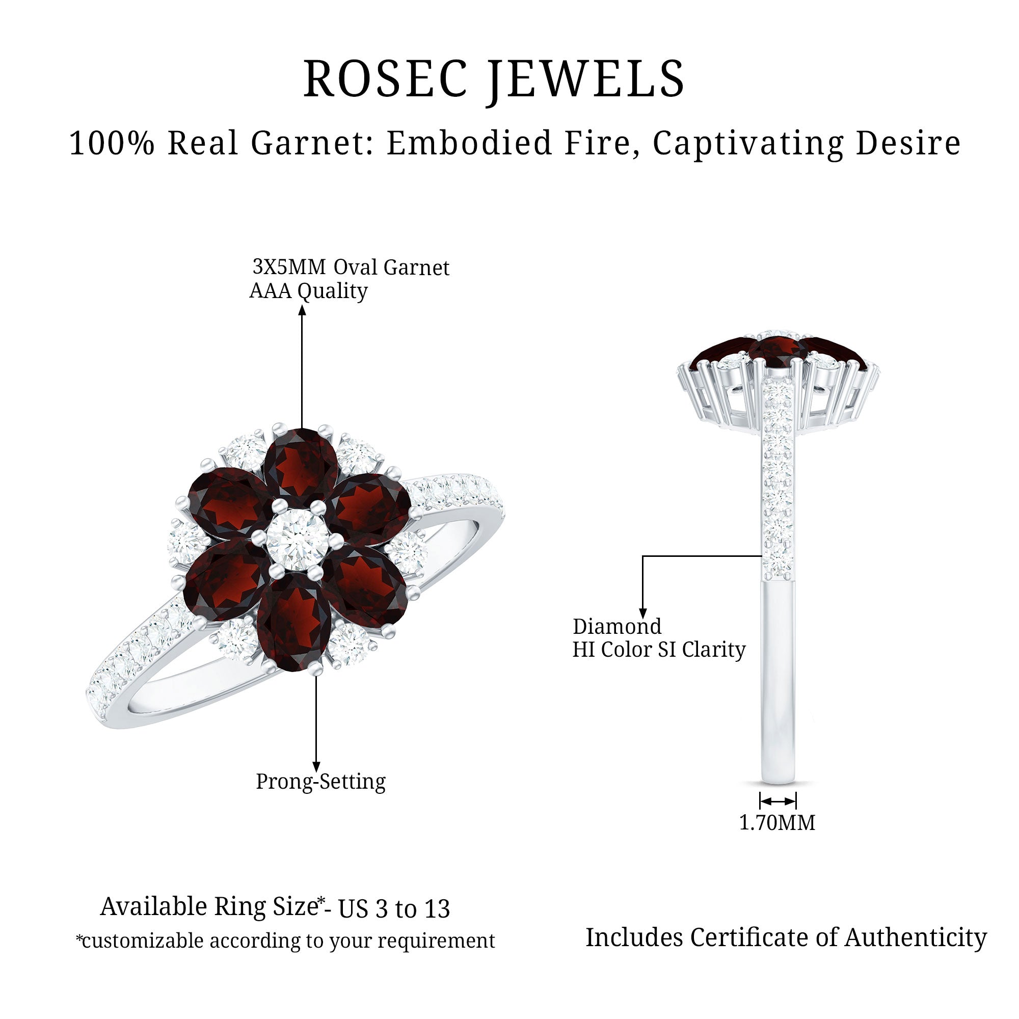 Natural Garnet Flower Engagement Ring with Diamond AAA - Rosec Jewels
