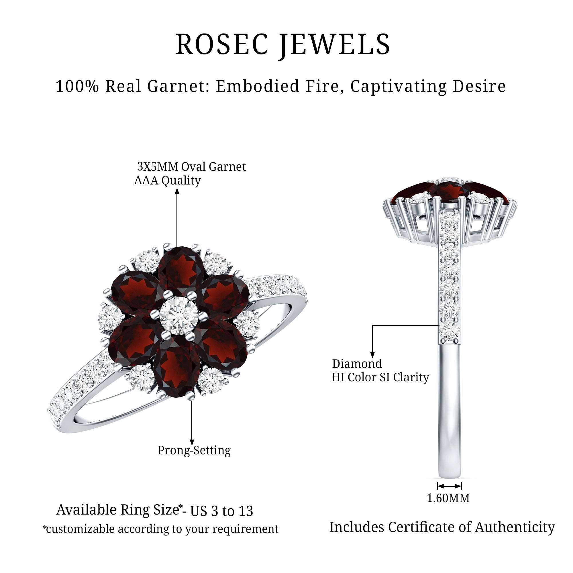 Natural Garnet Flower Engagement Ring with Diamond AAA - Rosec Jewels