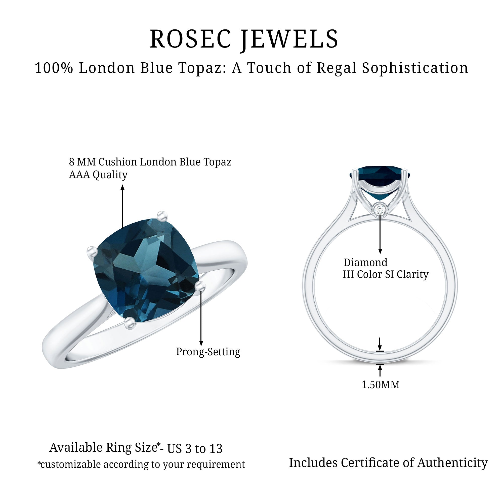Solitaire Cushion Cut London Blue Topaz Cathedral Engagement Ring AAA - Rosec Jewels