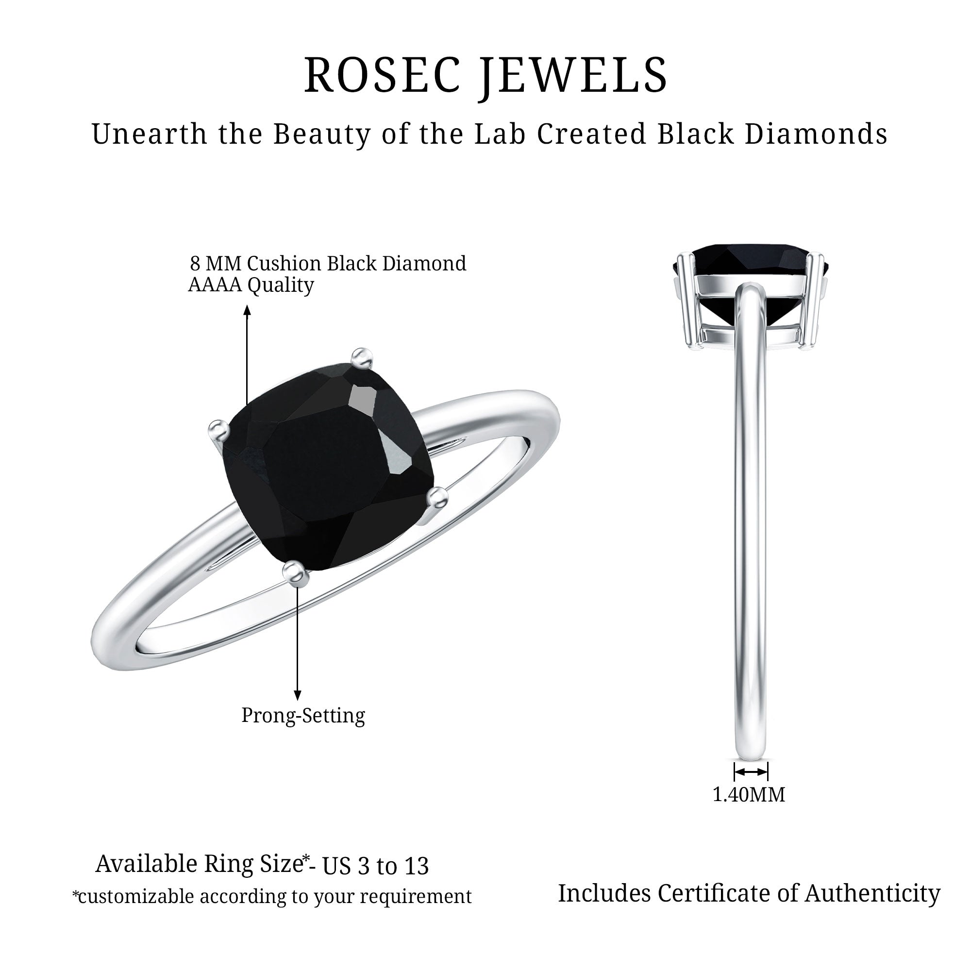 Certified 2.8 Carat Lab Grown Black Diamond Cushion Cut Engagement Ring AAAA ( Synthetic ) - Rosec Jewels
