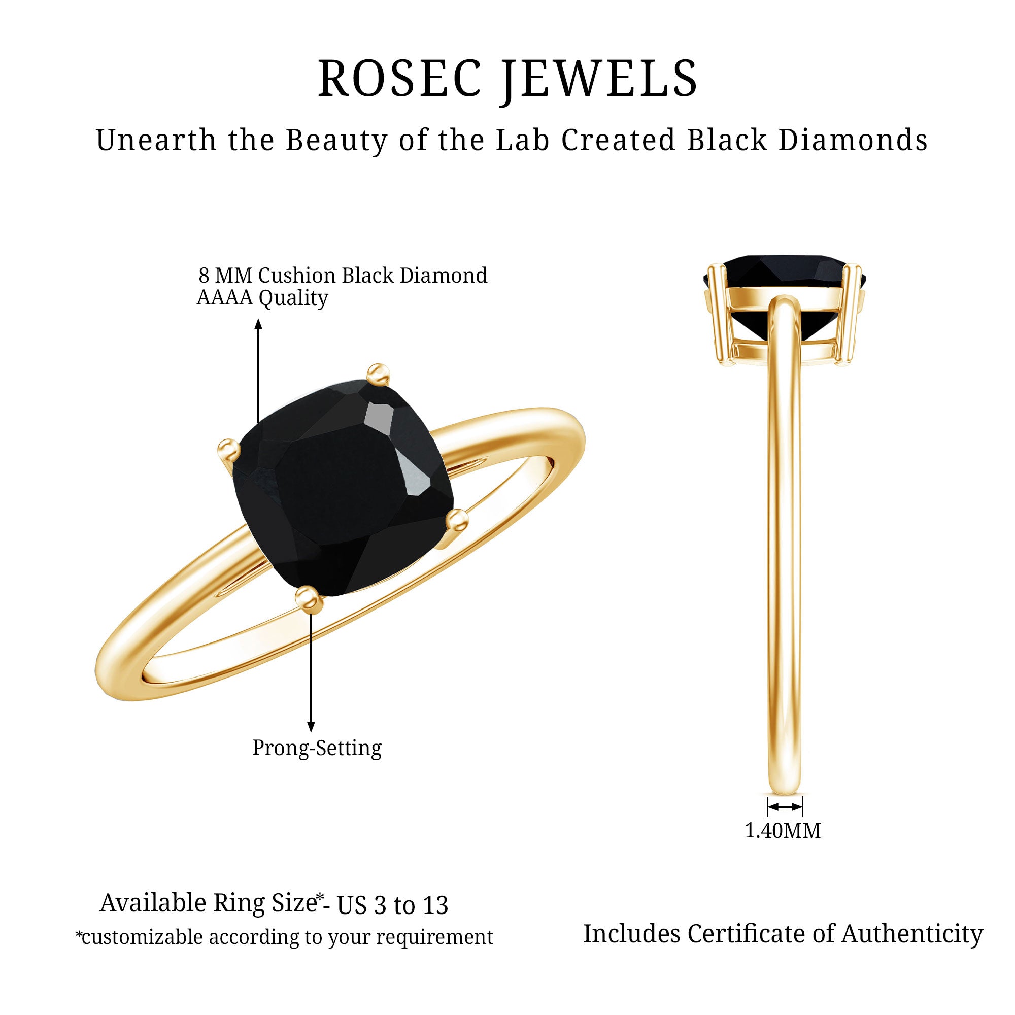 Certified 2.8 Carat Lab Grown Black Diamond Cushion Cut Engagement Ring AAAA ( Synthetic ) - Rosec Jewels