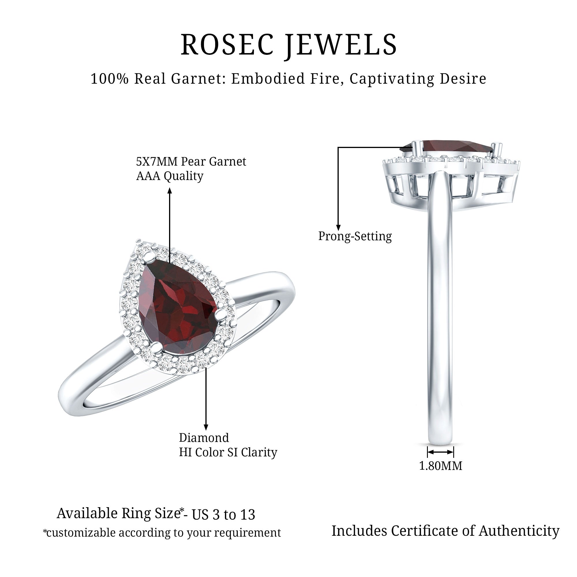 Classic Garnet Teardrop Engagement Ring with Diamond Halo AAA - Rosec Jewels