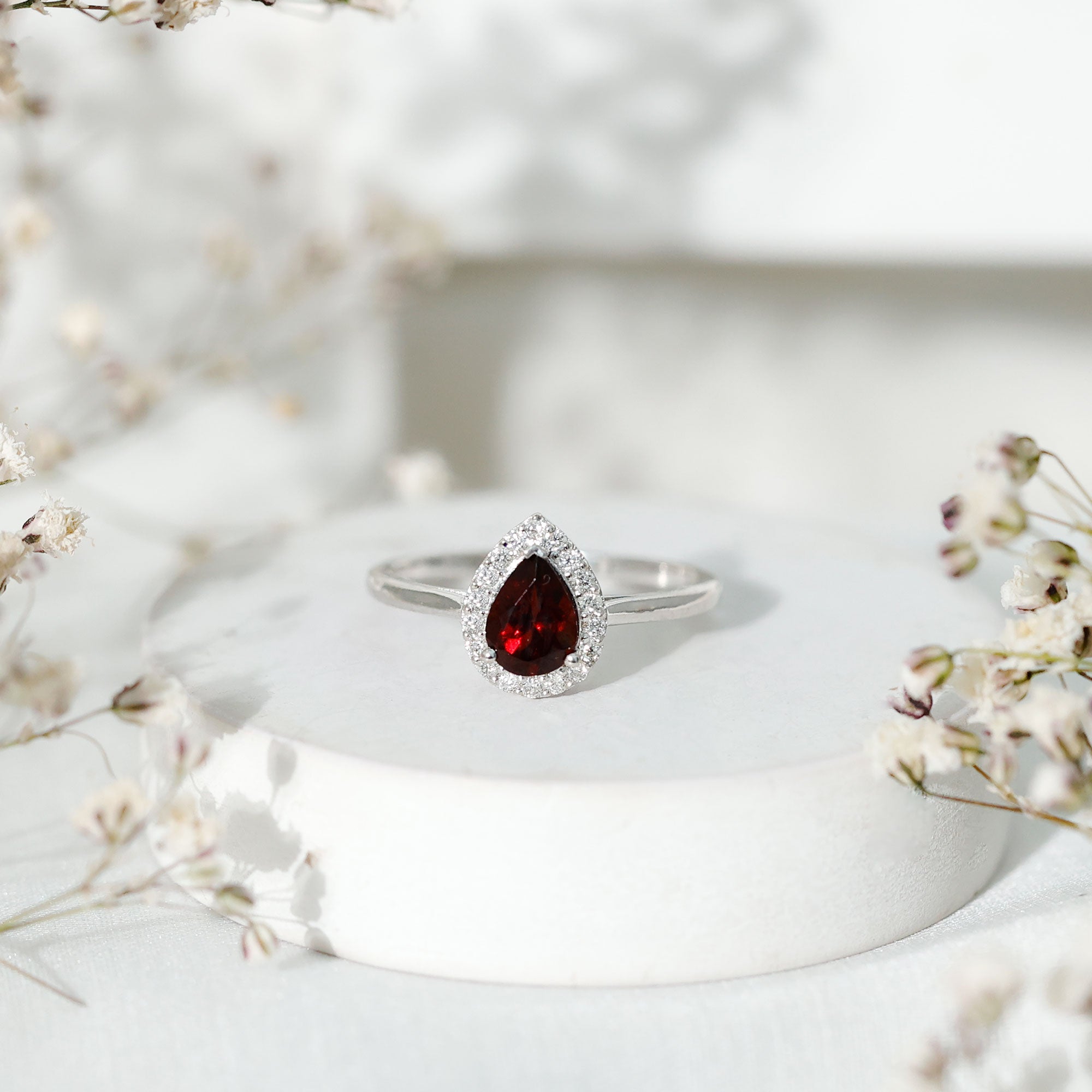 Classic Garnet Teardrop Engagement Ring with Diamond Halo AAA - Rosec Jewels
