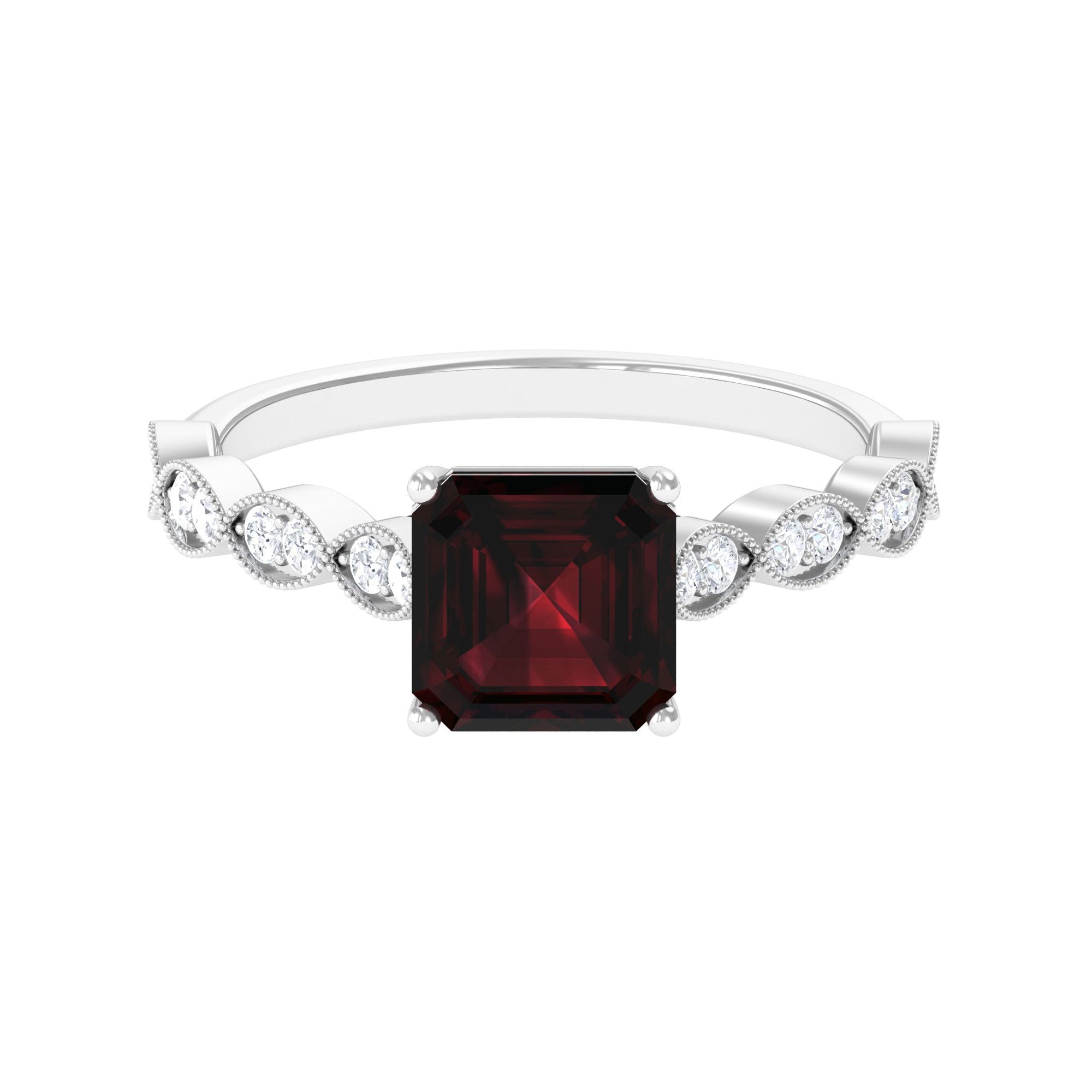 Natural 8mm Garnet Asscher Cut Engagement Ring with Diamond