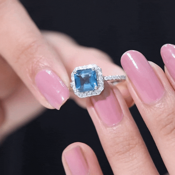 8mm Asscher Cut London Blue Topaz Vintage Engagement Ring with Diamond Halo AAA - Rosec Jewels