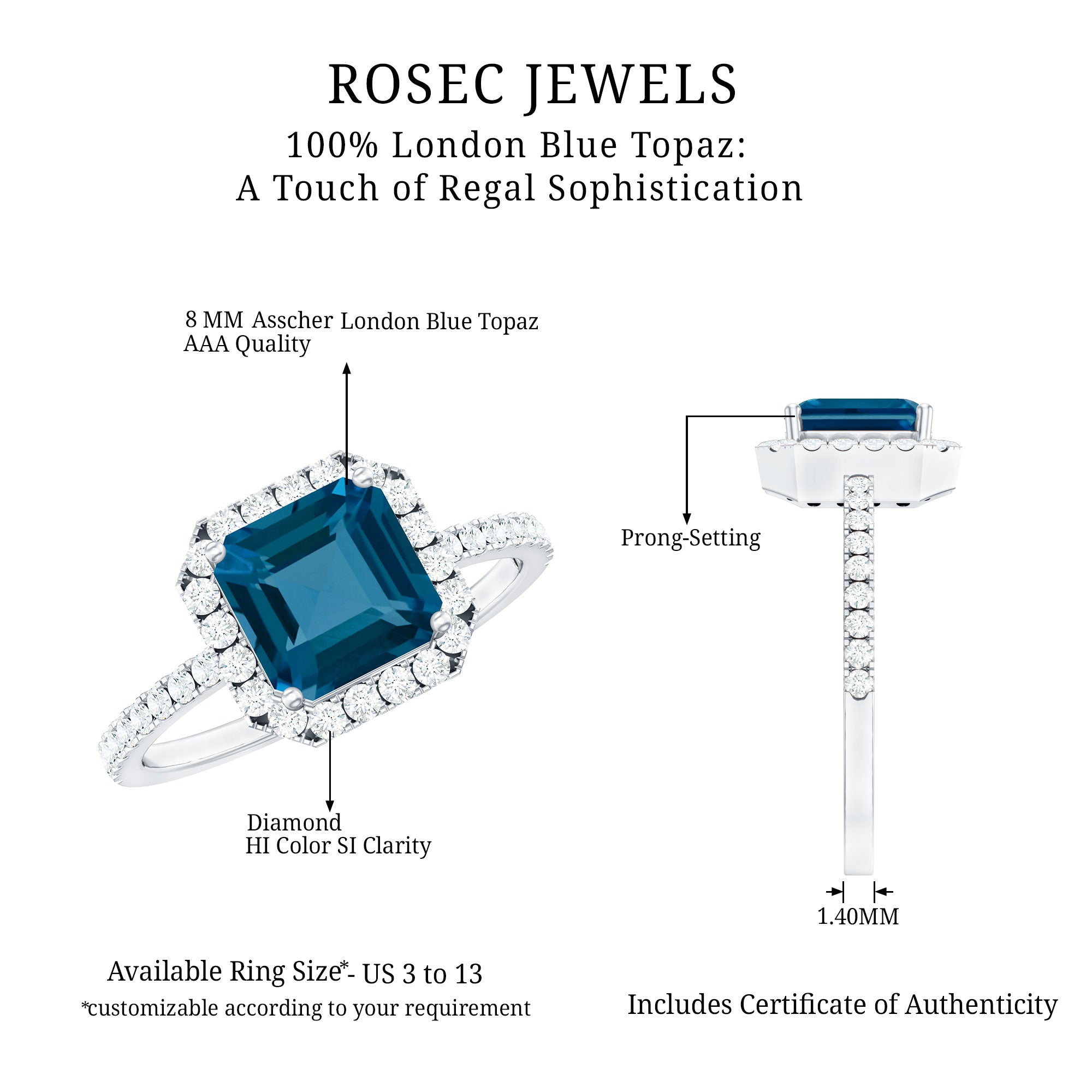 8mm Asscher Cut London Blue Topaz Vintage Engagement Ring with Diamond Halo AAA - Rosec Jewels