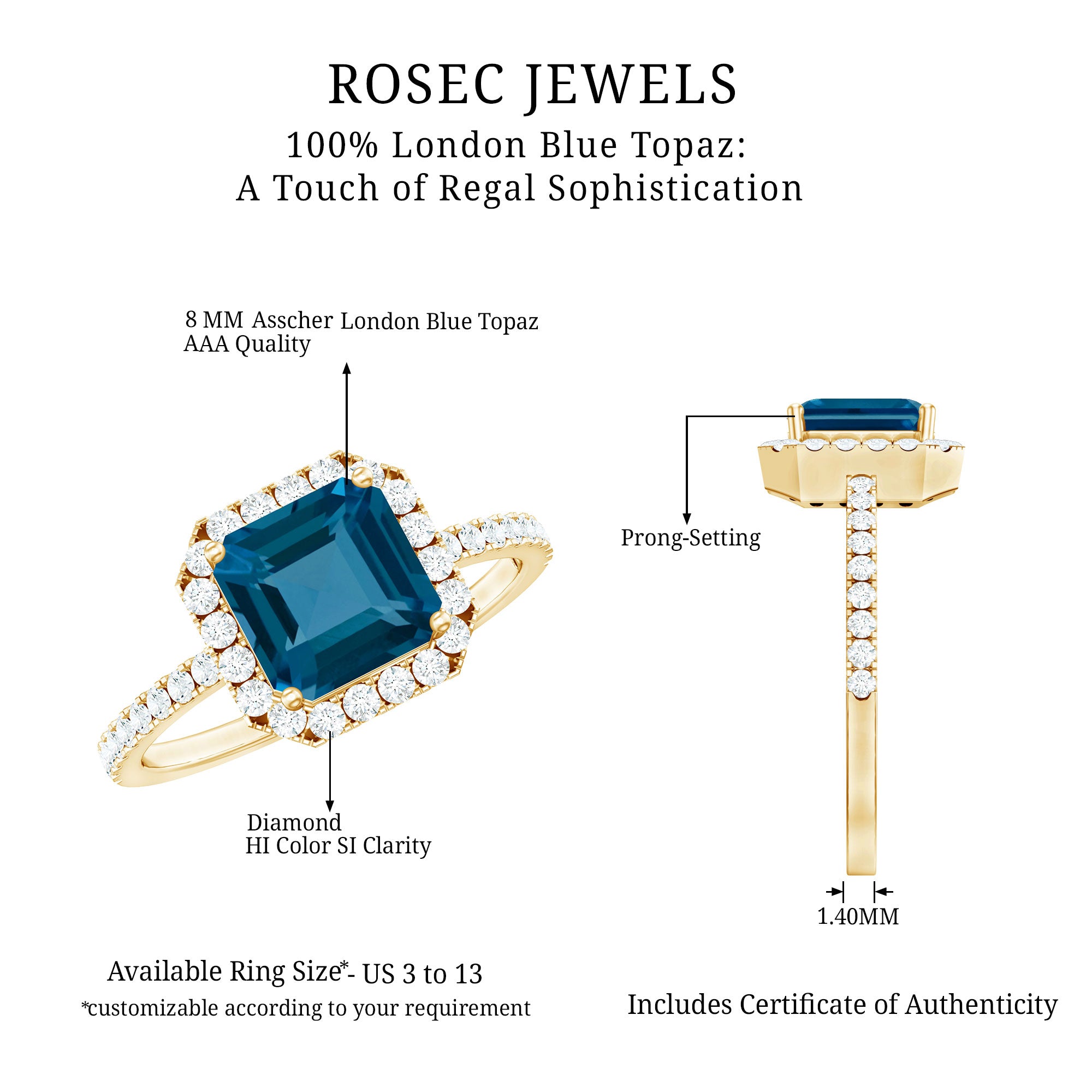 8mm Asscher Cut London Blue Topaz Vintage Engagement Ring with Diamond Halo AAA - Rosec Jewels