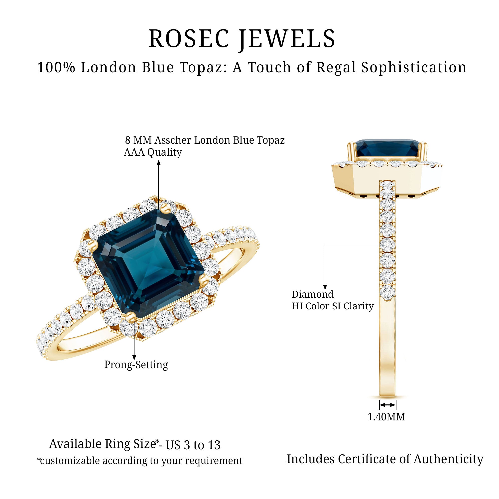 3 Carat Asscher Cut London Blue Topaz Vintage Engagement Ring with Diamond Halo AAA - Rosec Jewels