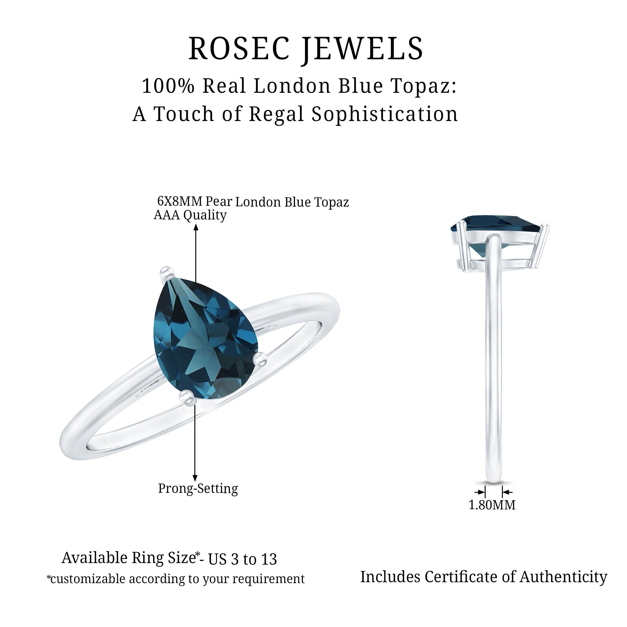 6X8mm Pear Shape London Blue Topaz Single Stone Engagement Ring AAA - Rosec Jewels