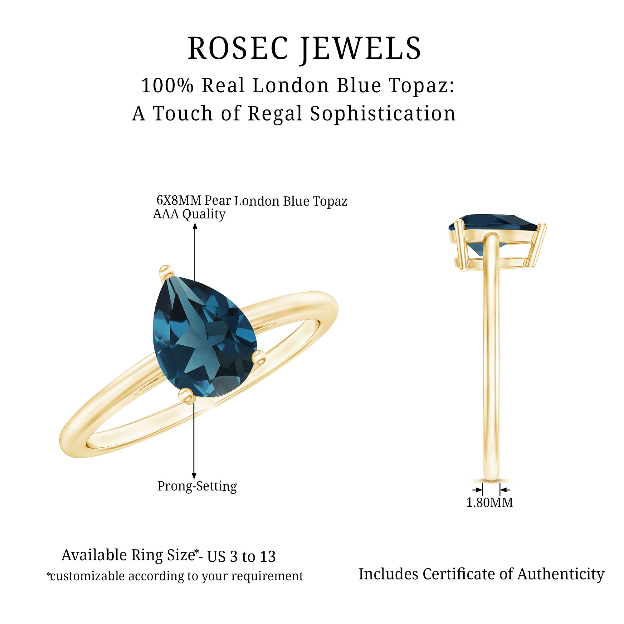 6X8mm Pear Shape London Blue Topaz Single Stone Engagement Ring AAA - Rosec Jewels