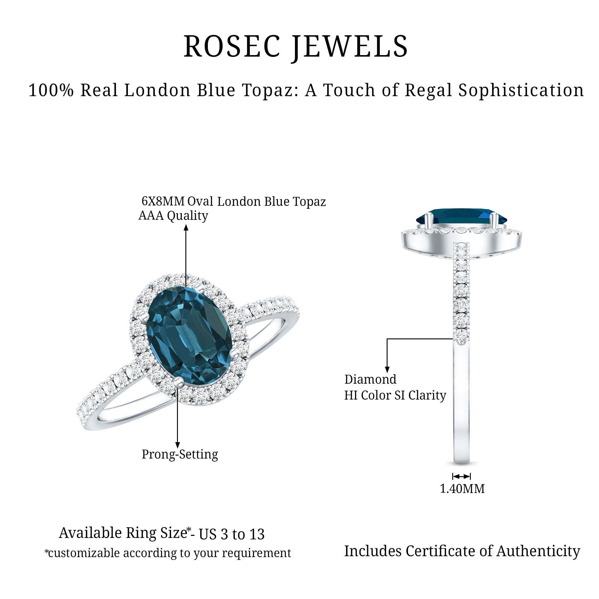 6X8mm Oval Cut London Blue Topaz Classic Engagement Ring with Diamond Halo AAA - Rosec Jewels