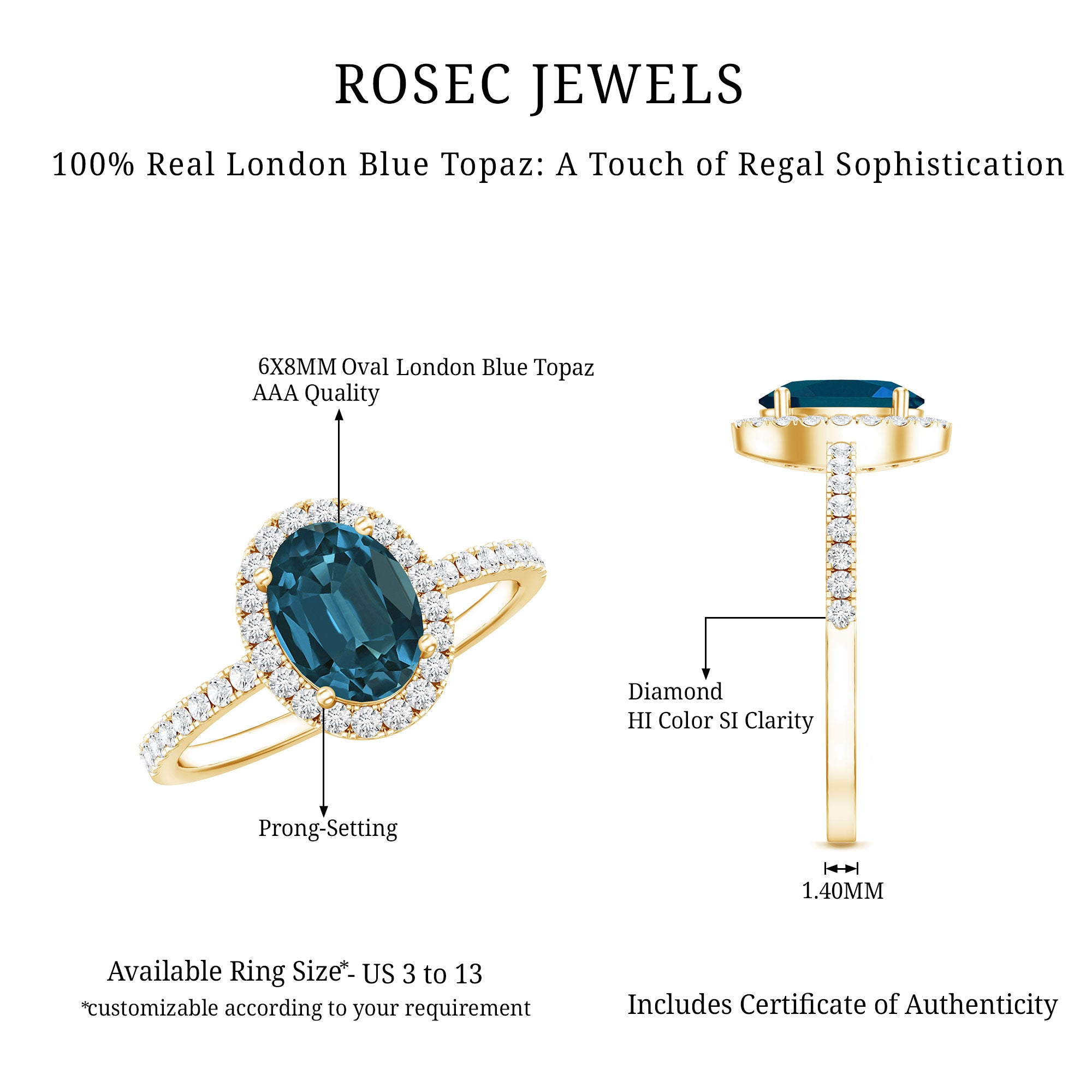 6X8mm Oval Cut London Blue Topaz Classic Engagement Ring with Diamond Halo AAA - Rosec Jewels