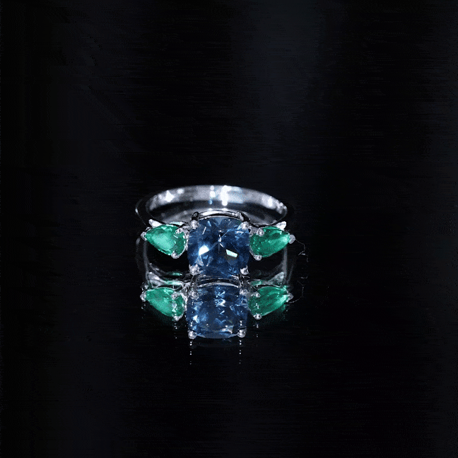 8mm Cushion Shape London Blue Topaz Three Stone Engagement Ring with Lab Emerald AAA - Rosec Jewels