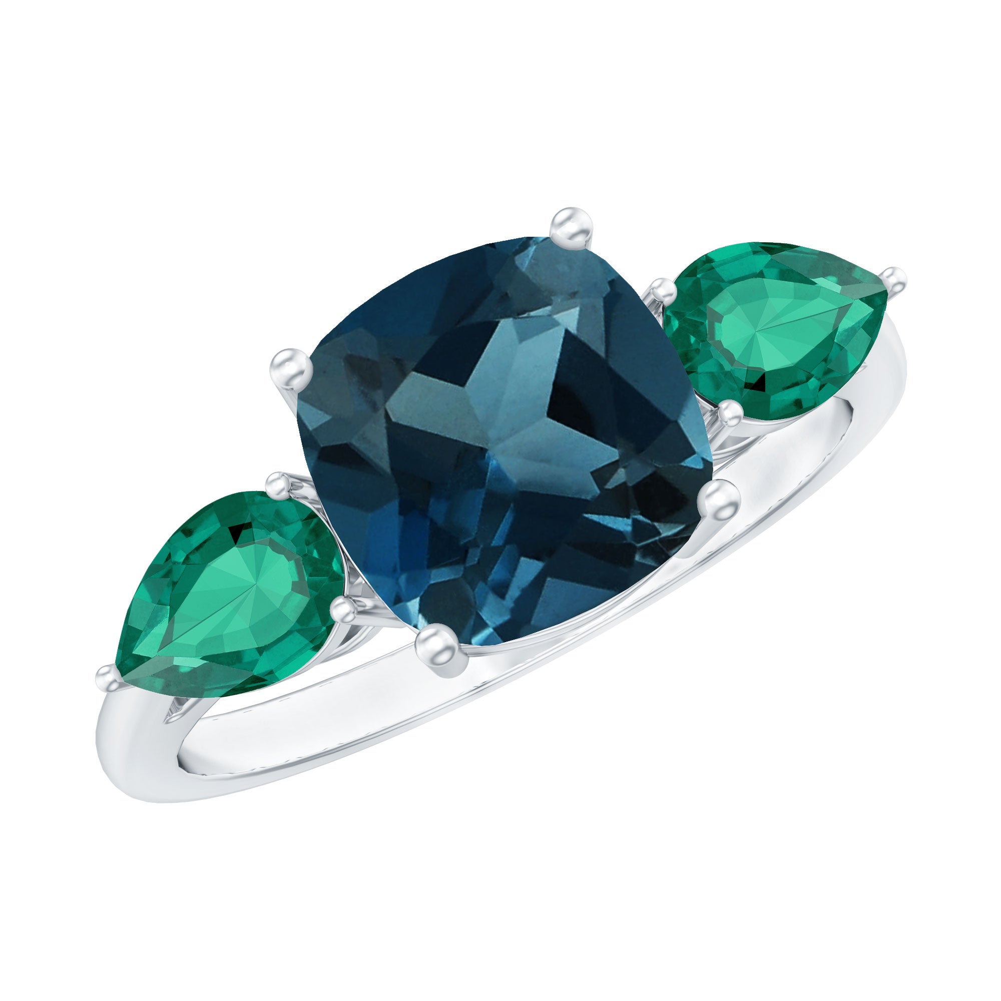8mm Cushion Shape London Blue Topaz Three Stone Engagement Ring with Lab Emerald AAA - Rosec Jewels