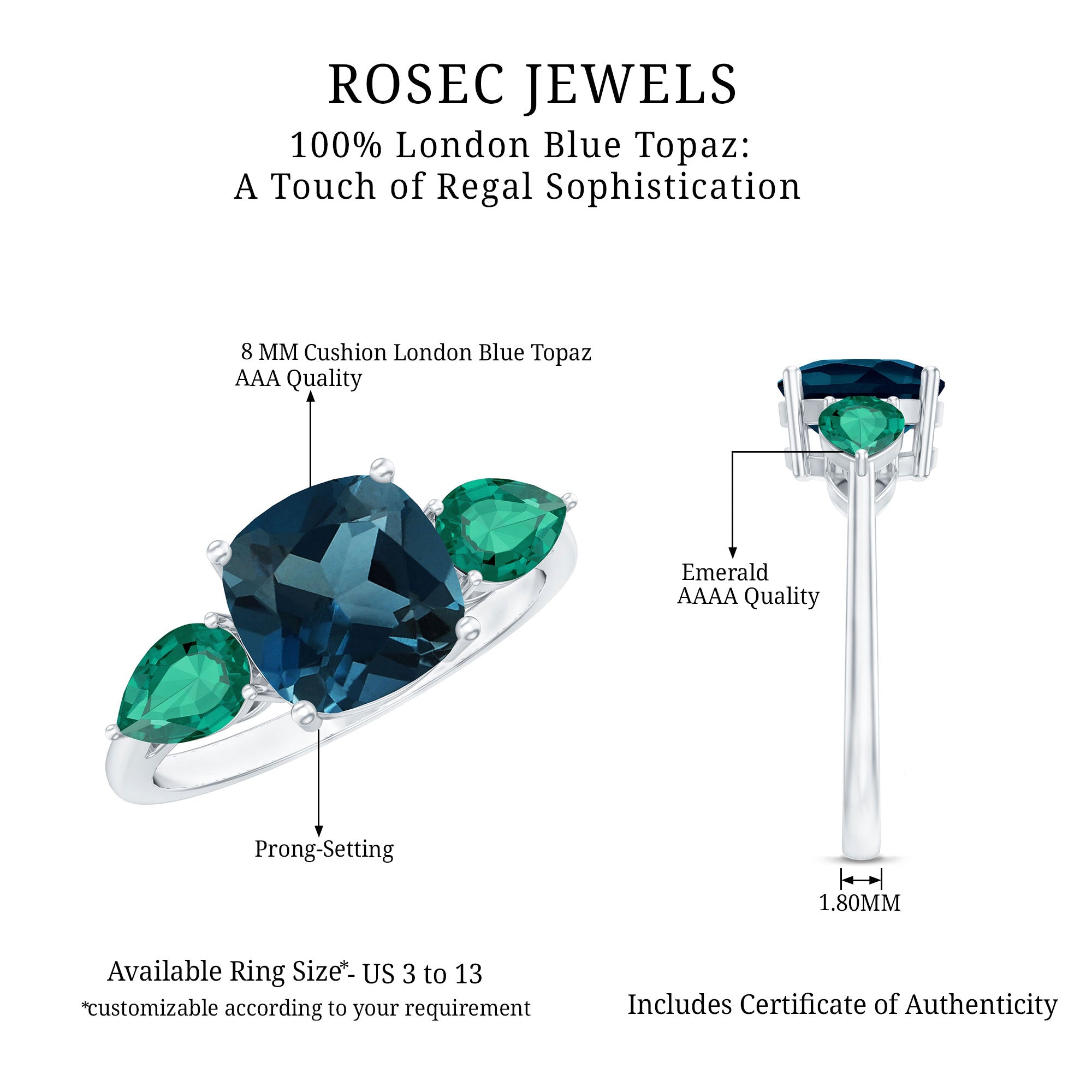 8mm Cushion Shape London Blue Topaz Three Stone Engagement Ring with Lab Emerald AAA - Rosec Jewels