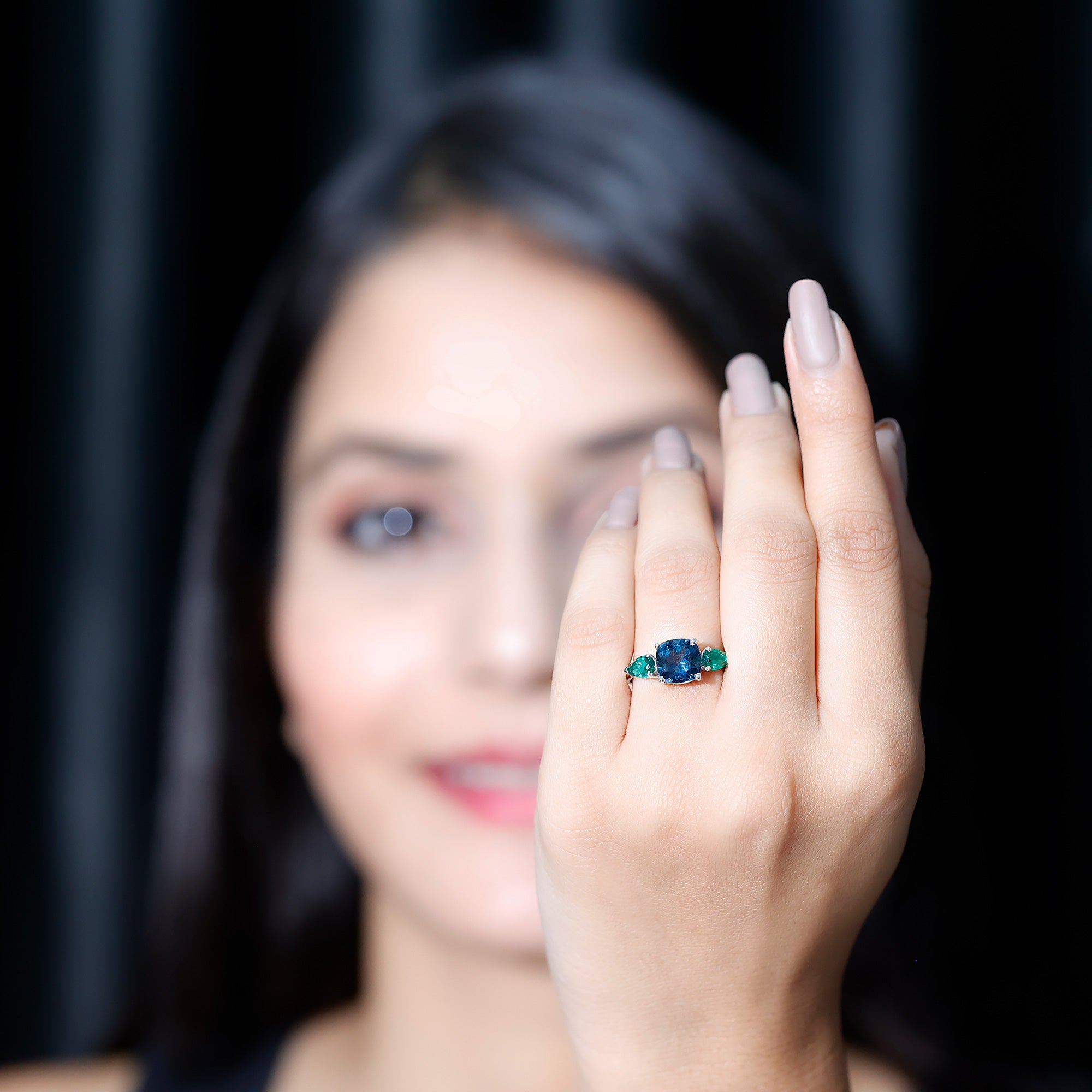 8mm Cushion Shape London Blue Topaz Three Stone Engagement Ring with Lab Emerald AAA - Rosec Jewels