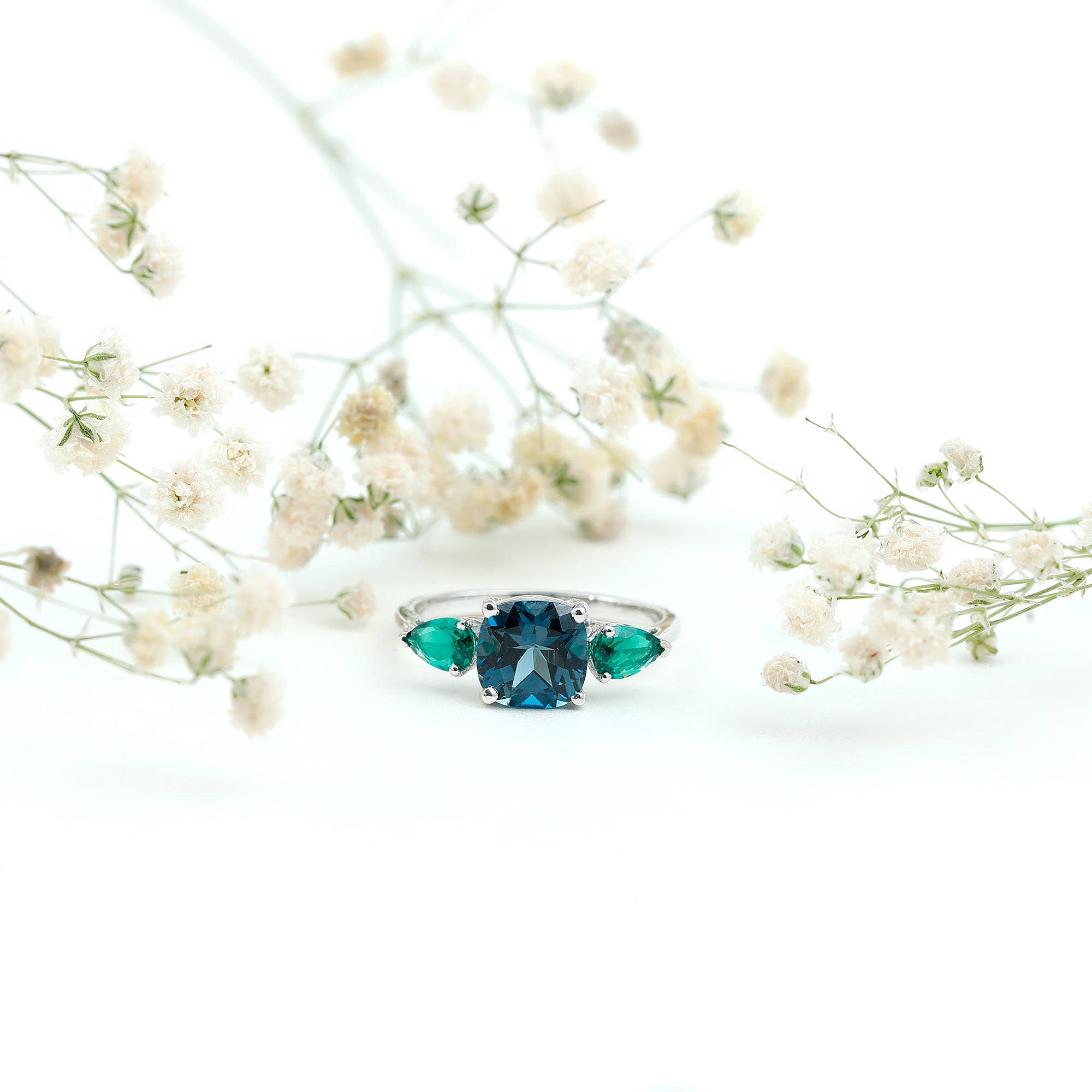 8mm Cushion Shape London Blue Topaz Three Stone Engagement Ring with Lab Emerald AAA - Rosec Jewels