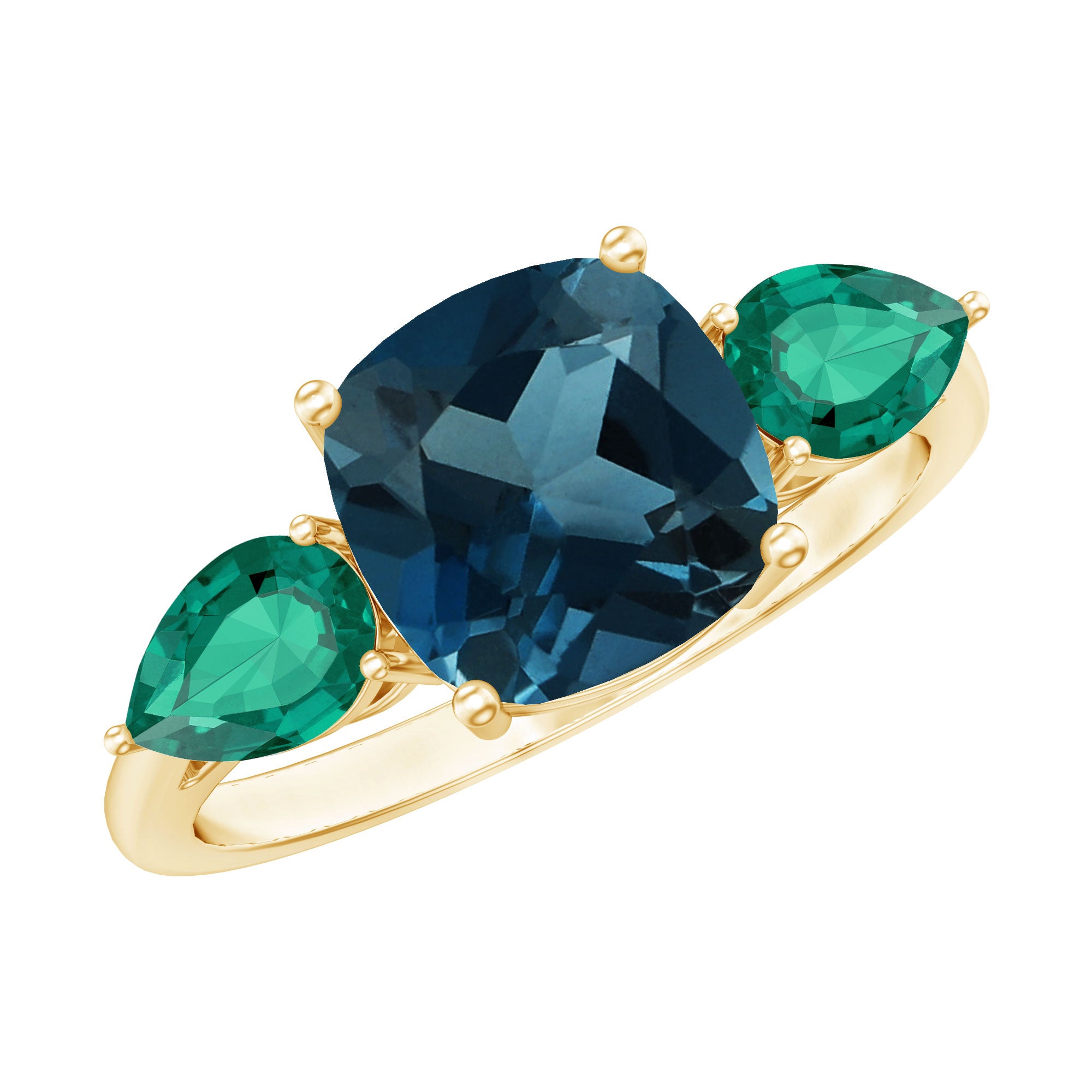 8mm Cushion Shape London Blue Topaz Three Stone Engagement Ring with Lab Emerald AAA - Rosec Jewels