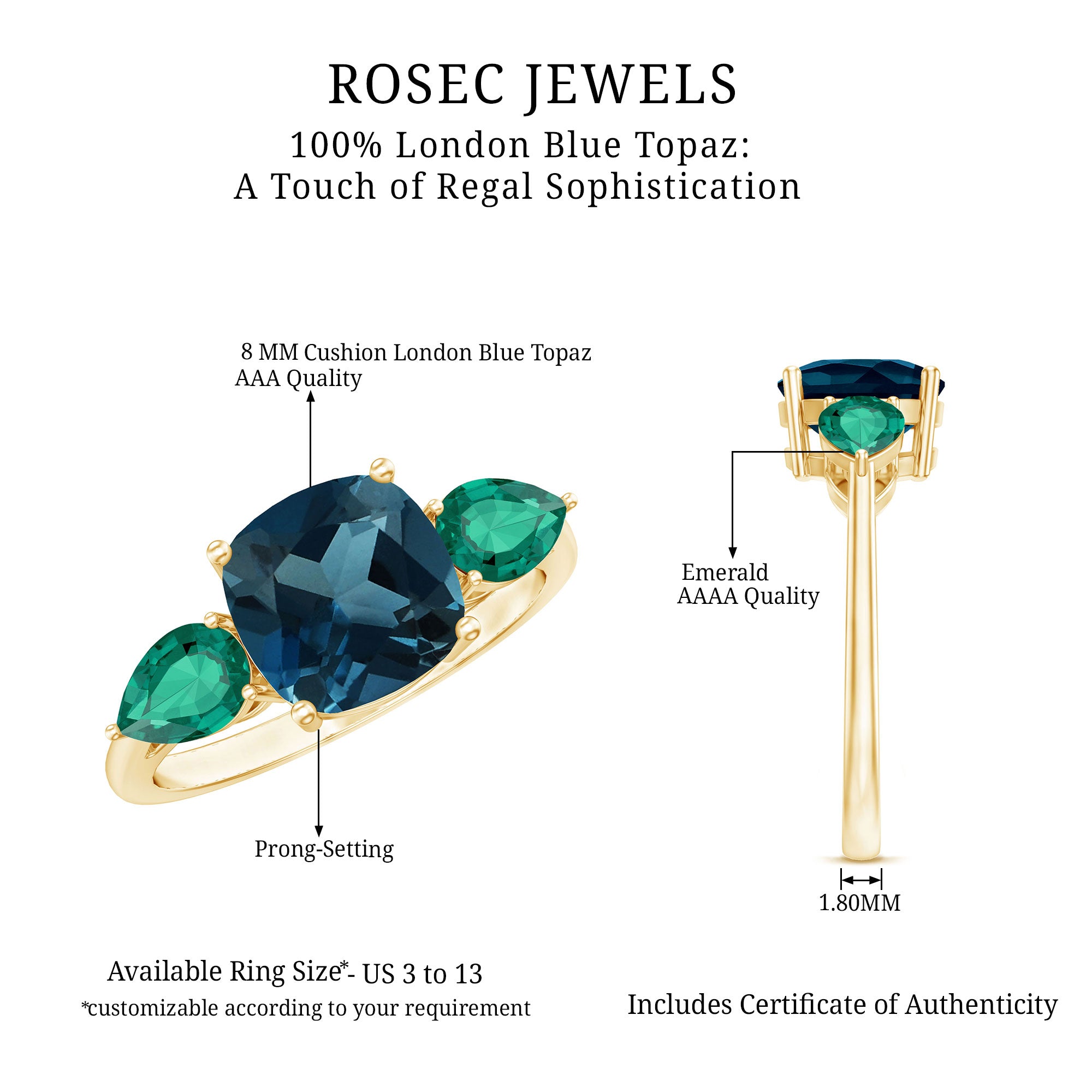 8mm Cushion Shape London Blue Topaz Three Stone Engagement Ring with Lab Emerald AAA - Rosec Jewels