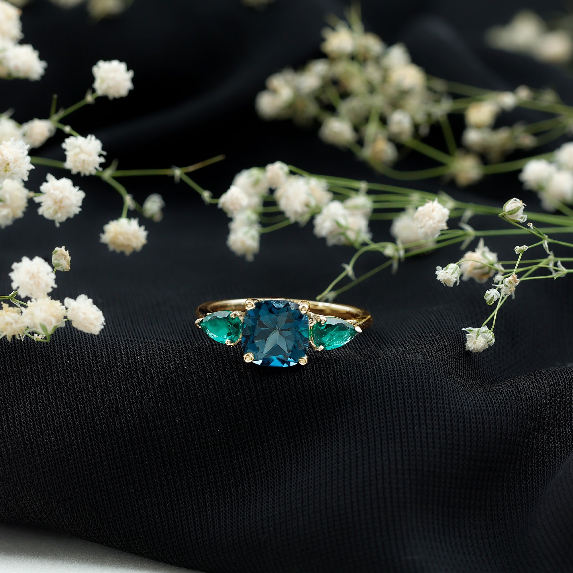 8mm Cushion Shape London Blue Topaz Three Stone Engagement Ring with Lab Emerald AAA - Rosec Jewels
