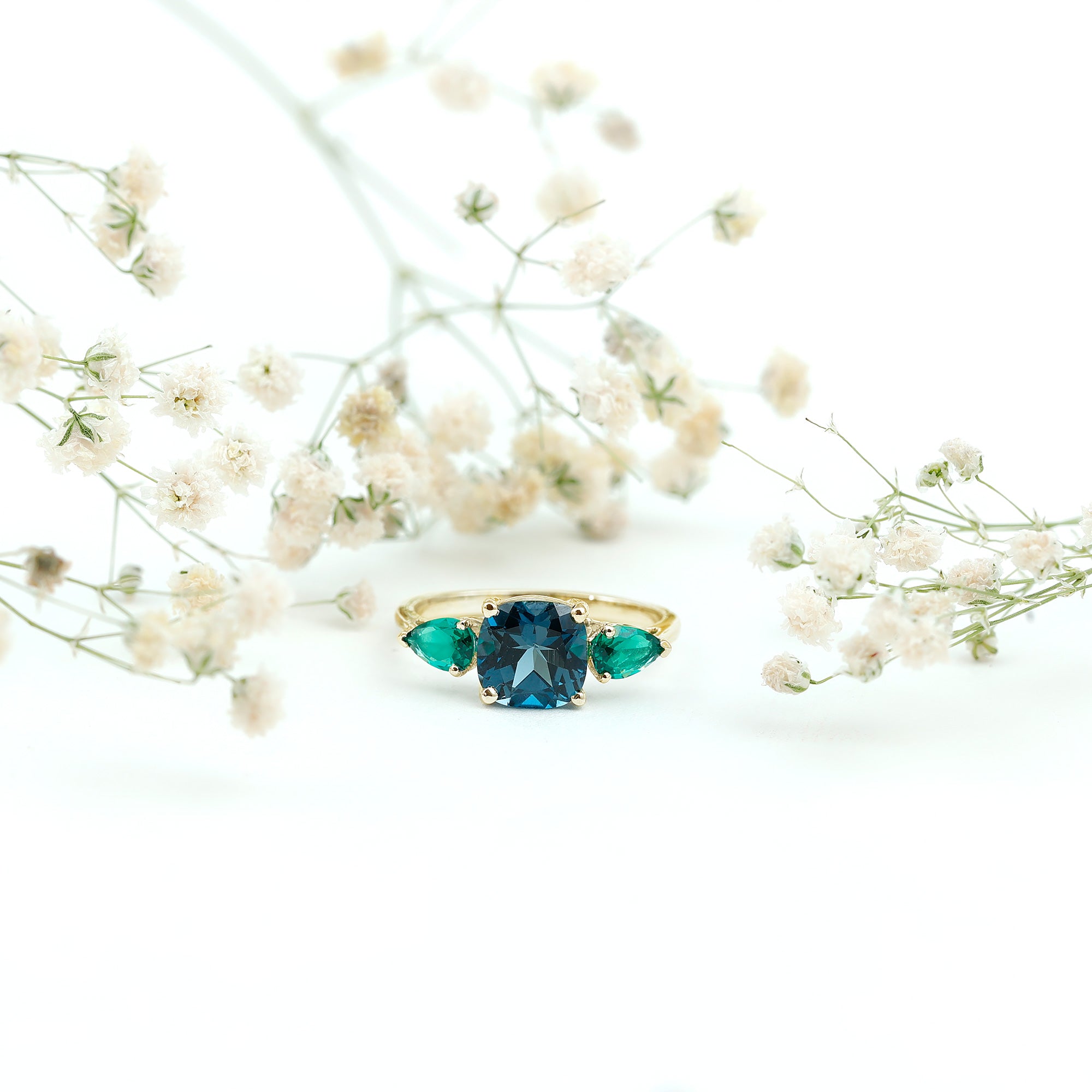 8mm Cushion Shape London Blue Topaz Three Stone Engagement Ring with Lab Emerald AAA - Rosec Jewels