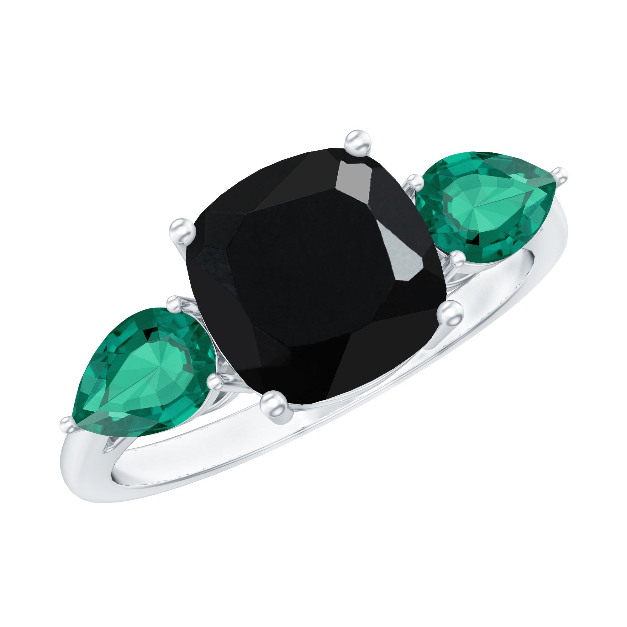 Certified Lab Grown Black Diamond 3 Stone Engagement Ring with Emerald AAAA ( Synthetic ) - Rosec Jewels