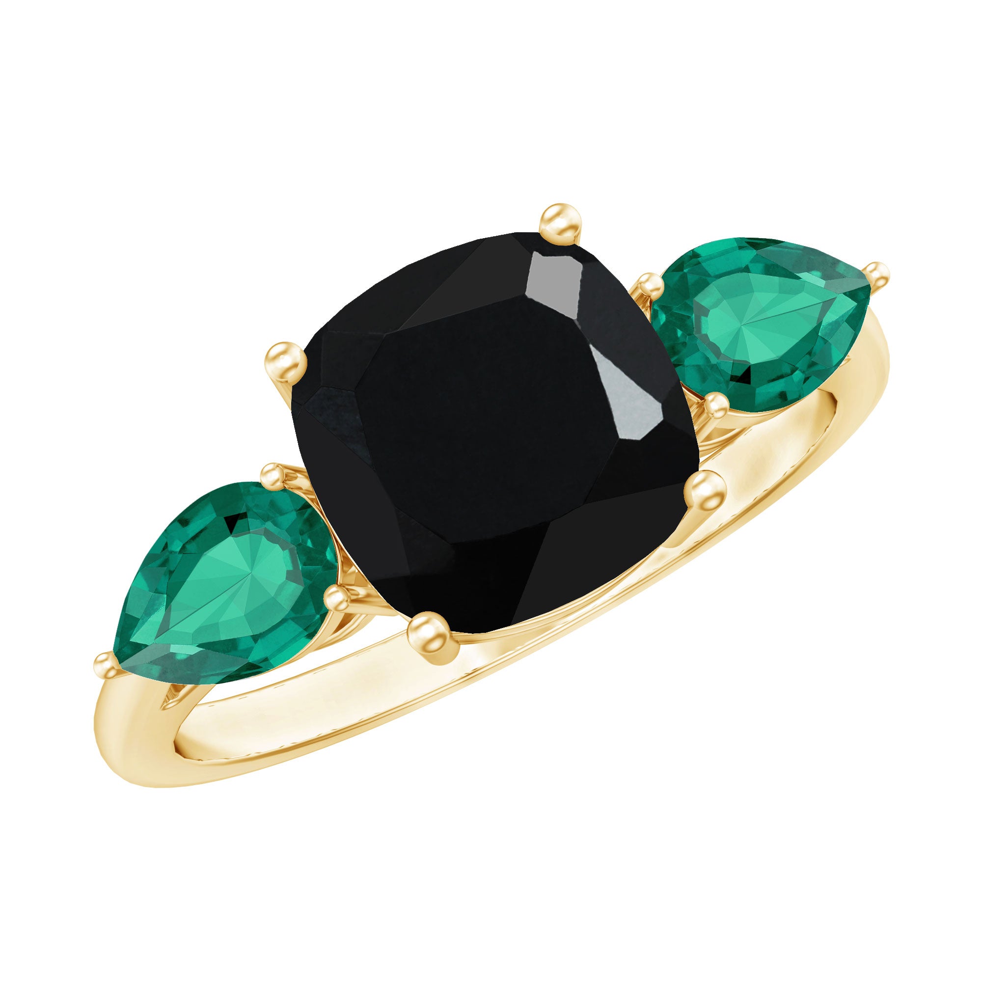 2.8 Carat Certified Lab Grown Black Diamond 3 Stone Engagement Ring with Emerald AAAA ( Synthetic ) - Rosec Jewels