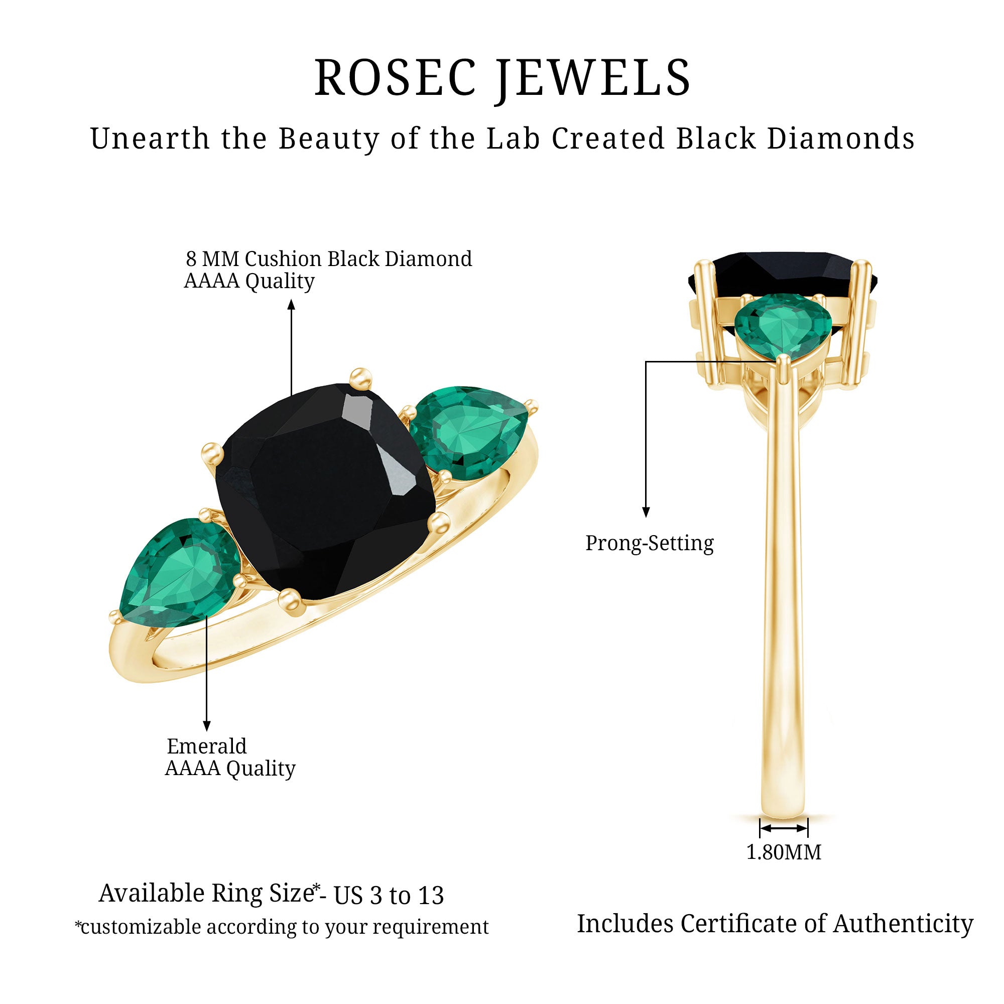 Certified Lab Grown Black Diamond 3 Stone Engagement Ring with Emerald AAAA ( Synthetic ) - Rosec Jewels