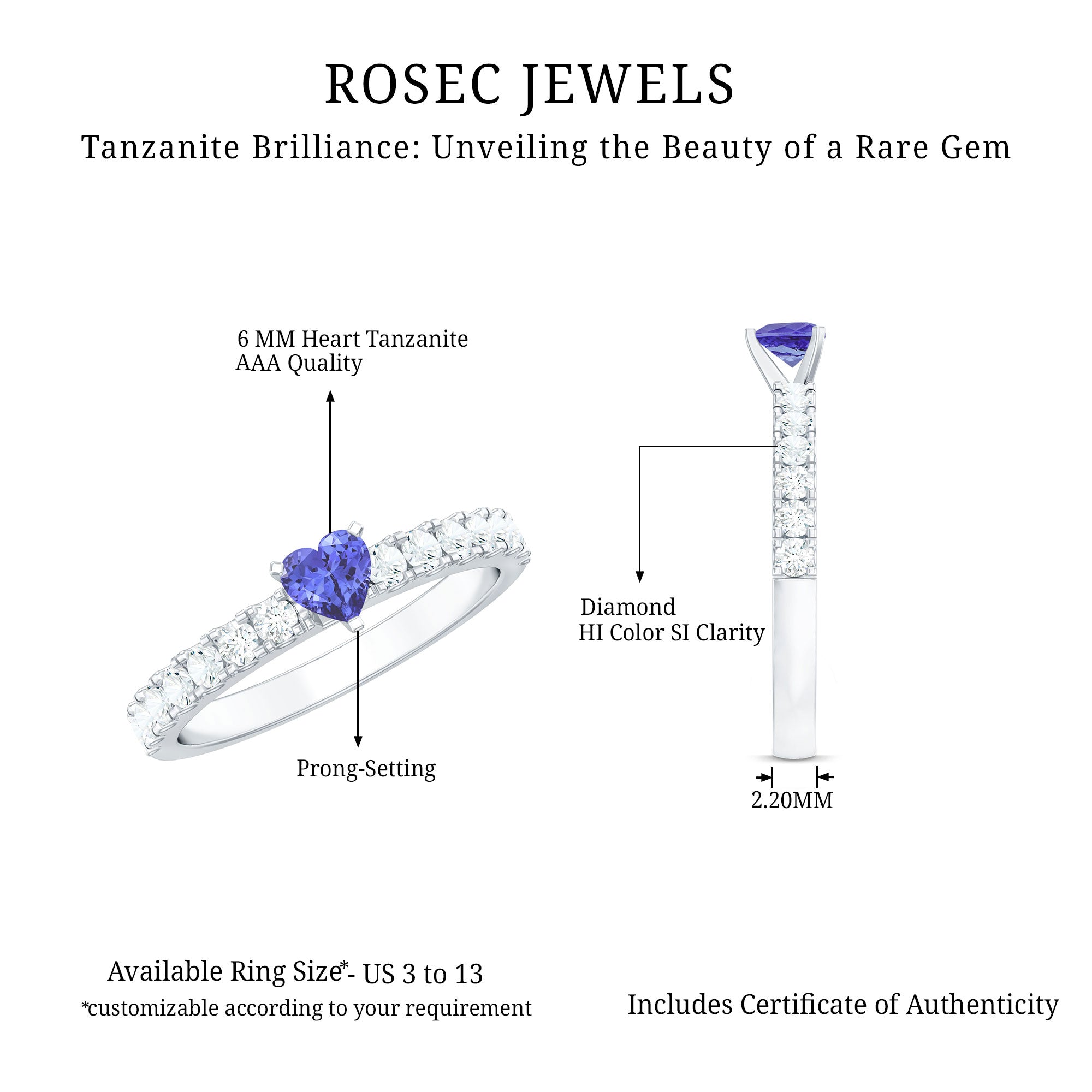 Natural Tanzanite Heart Proposal Ring with Diamond AAA - Rosec Jewels