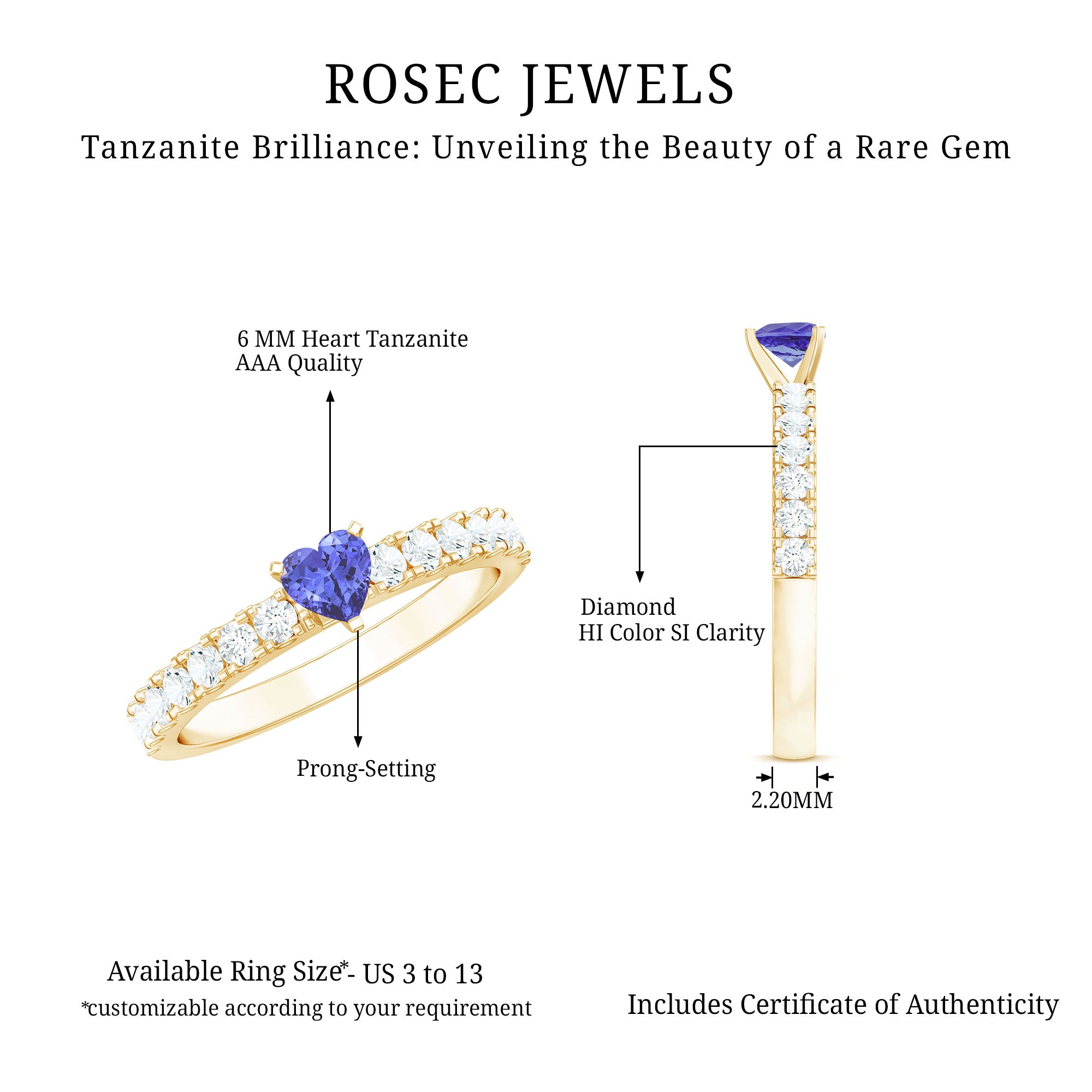 Natural Tanzanite Heart Proposal Ring with Diamond AAA - Rosec Jewels
