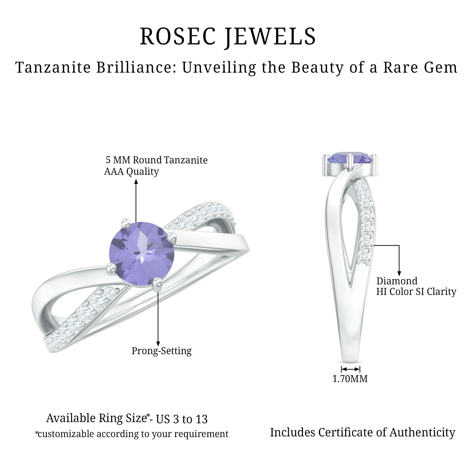 Certified Tanzanite Infinity Proposal Ring with Diamond AAA - Rosec Jewels