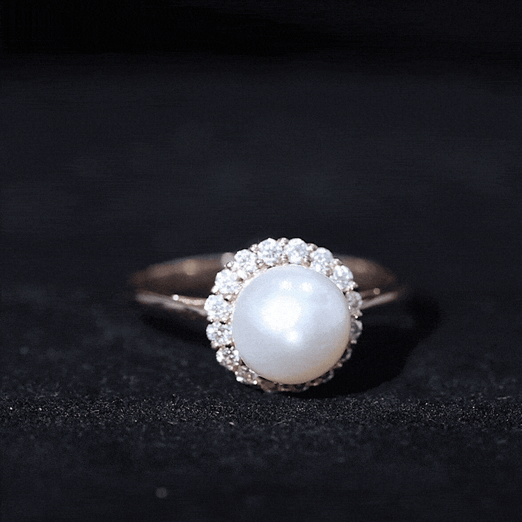 Rosec Jewels-Real 7.4 Carat Freshwater Pearl Engagement Ring with Diamond Halo