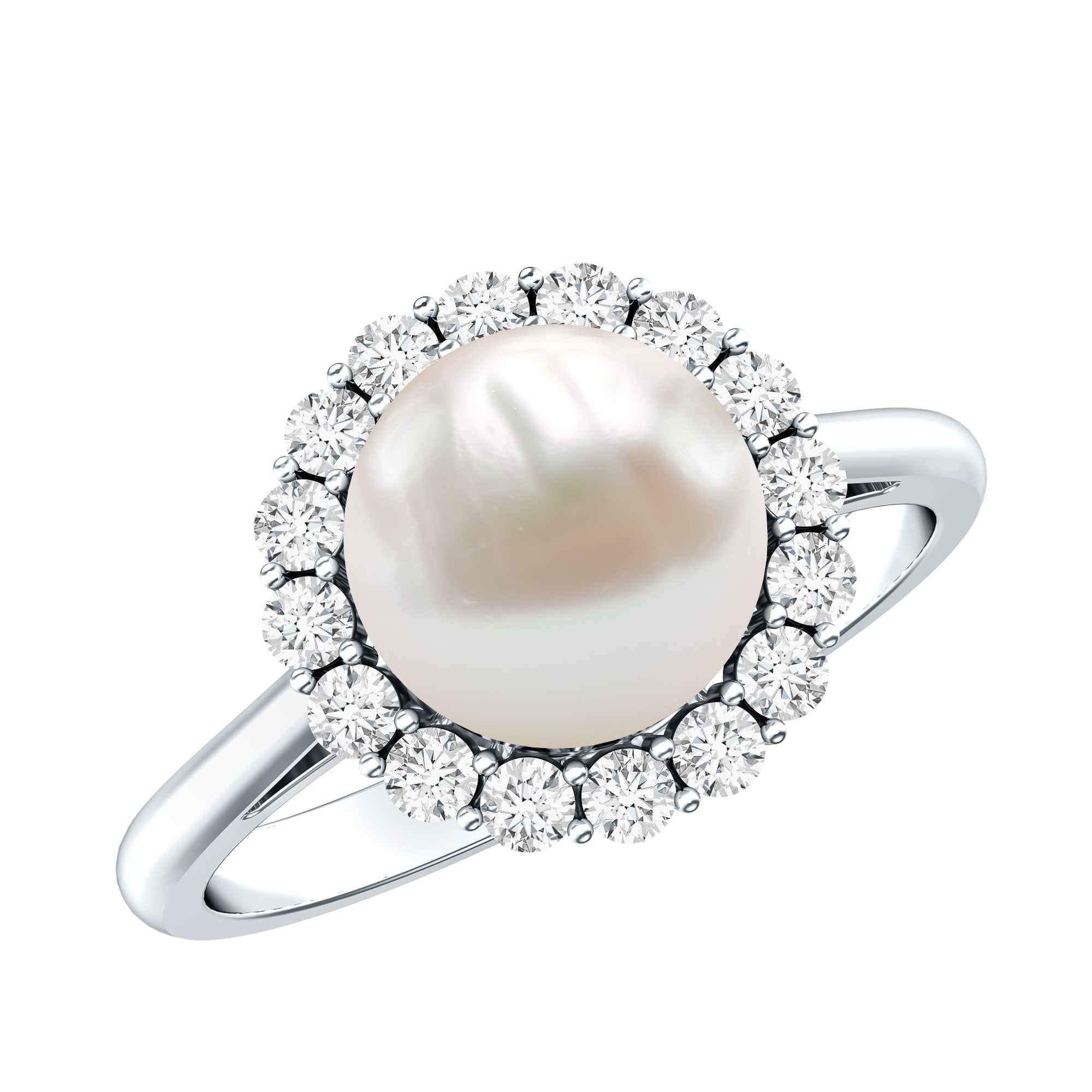 Rosec Jewels-Real 7.4 Carat Freshwater Pearl Engagement Ring with Diamond Halo