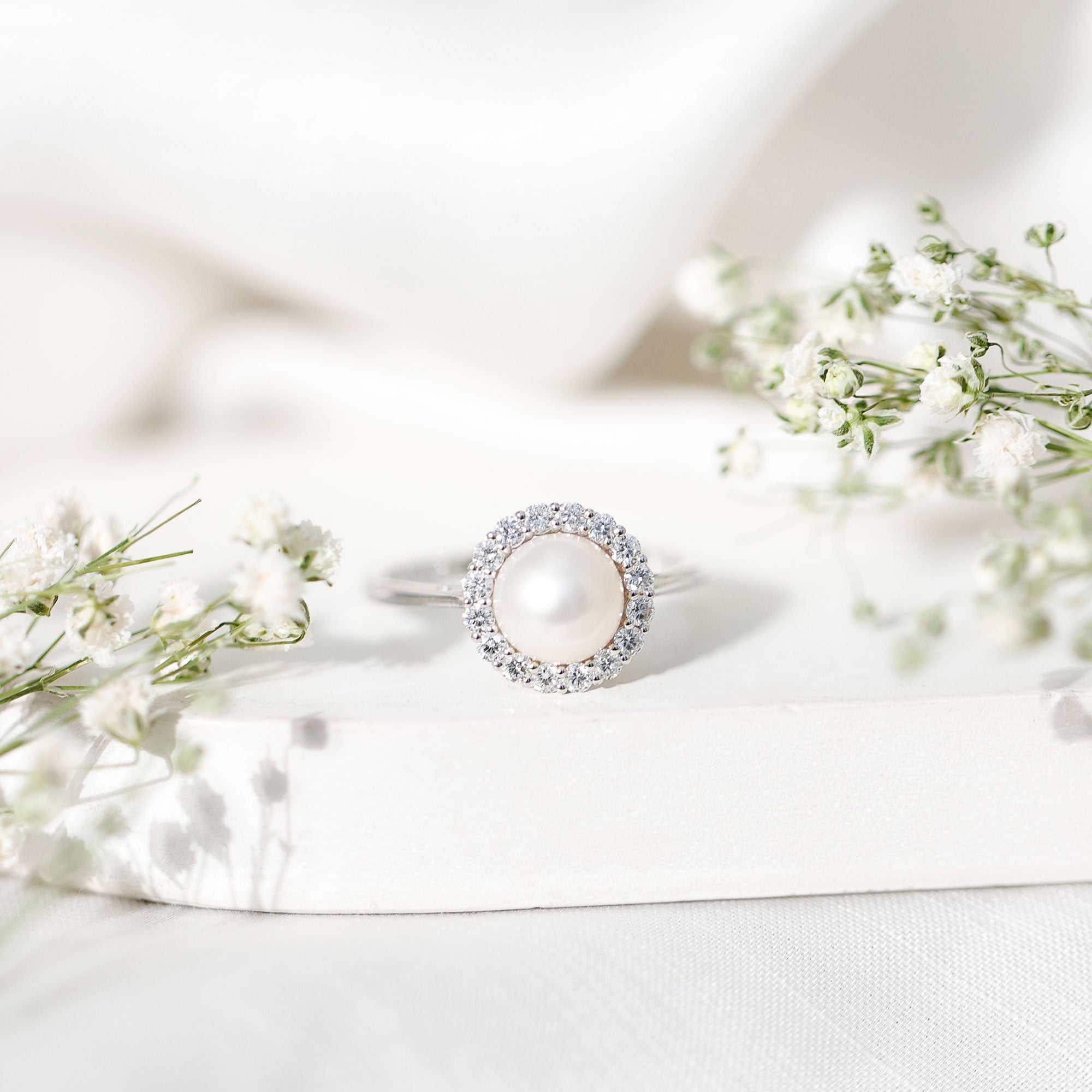 Real 7.4 Carat Freshwater Pearl Engagement Ring with Diamond Halo AAA - Rosec Jewels