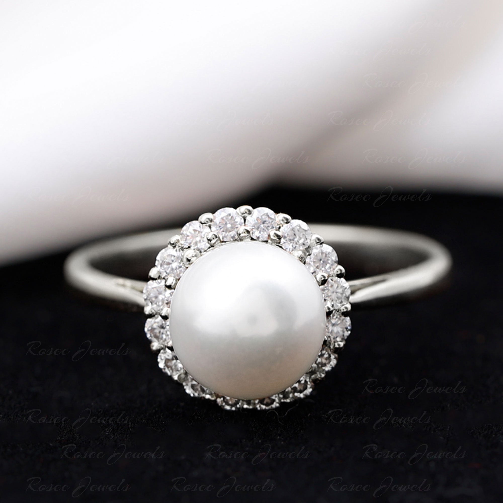 Rosec Jewels-Real 7.4 Carat Freshwater Pearl Engagement Ring with Diamond Halo