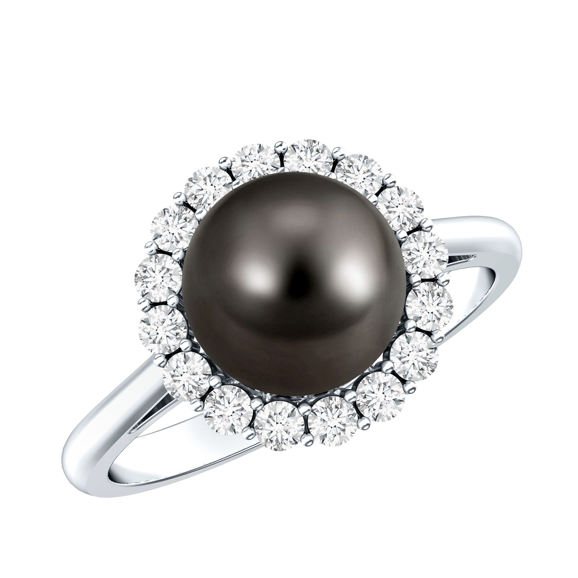 Natural Tahitian Pearl and Diamond Halo Engagement Ring AAA - Rosec Jewels