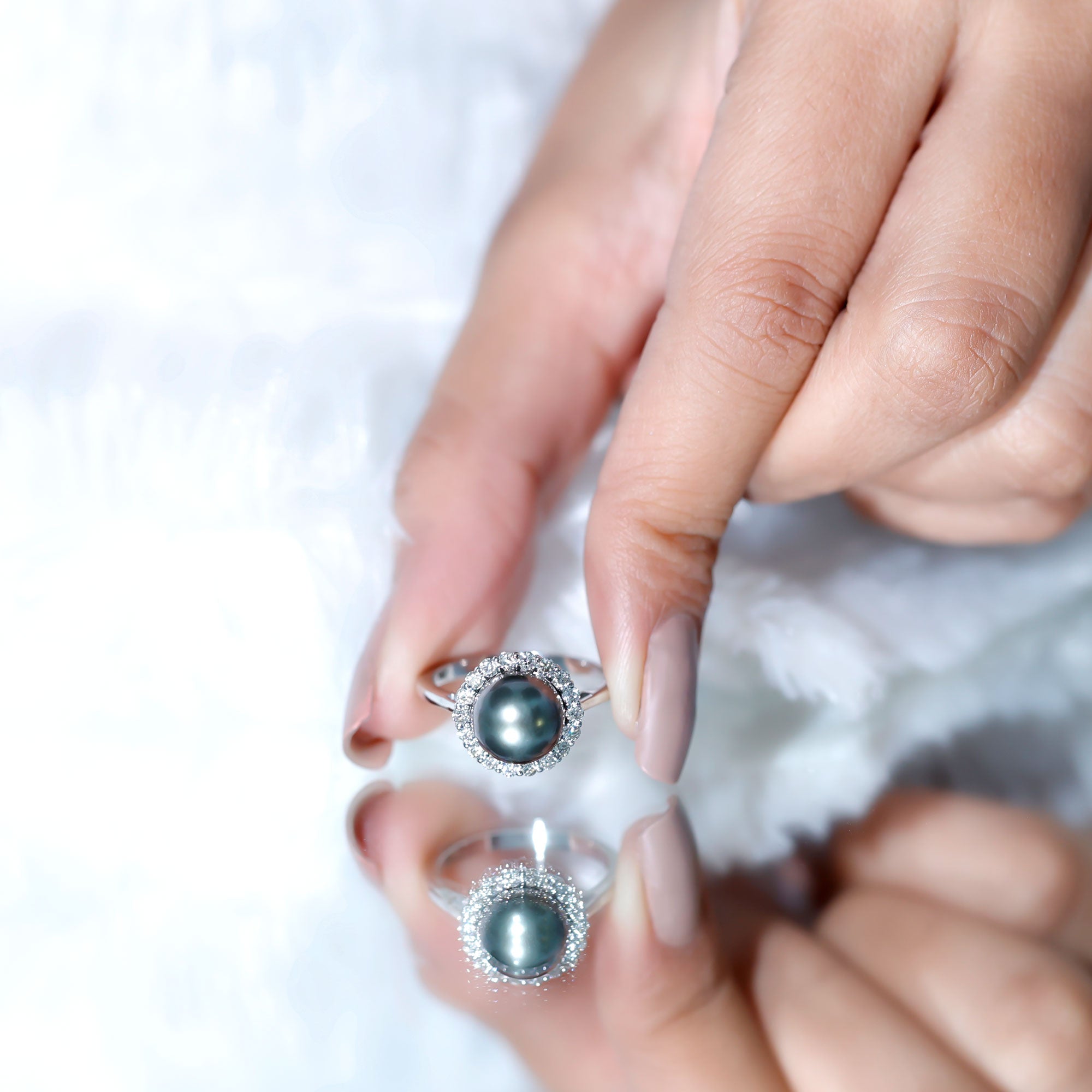 Natural Tahitian Pearl and Diamond Halo Engagement Ring AAA - Rosec Jewels