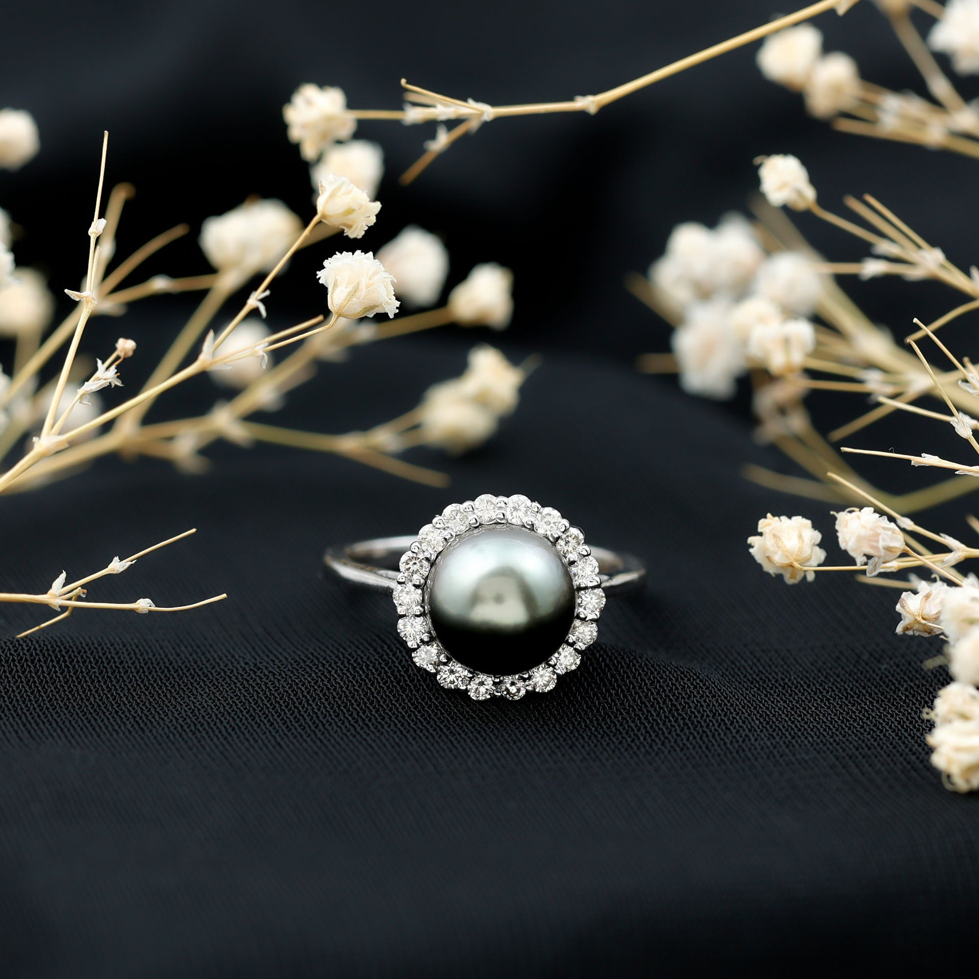 Natural Tahitian Pearl and Diamond Halo Engagement Ring AAA - Rosec Jewels